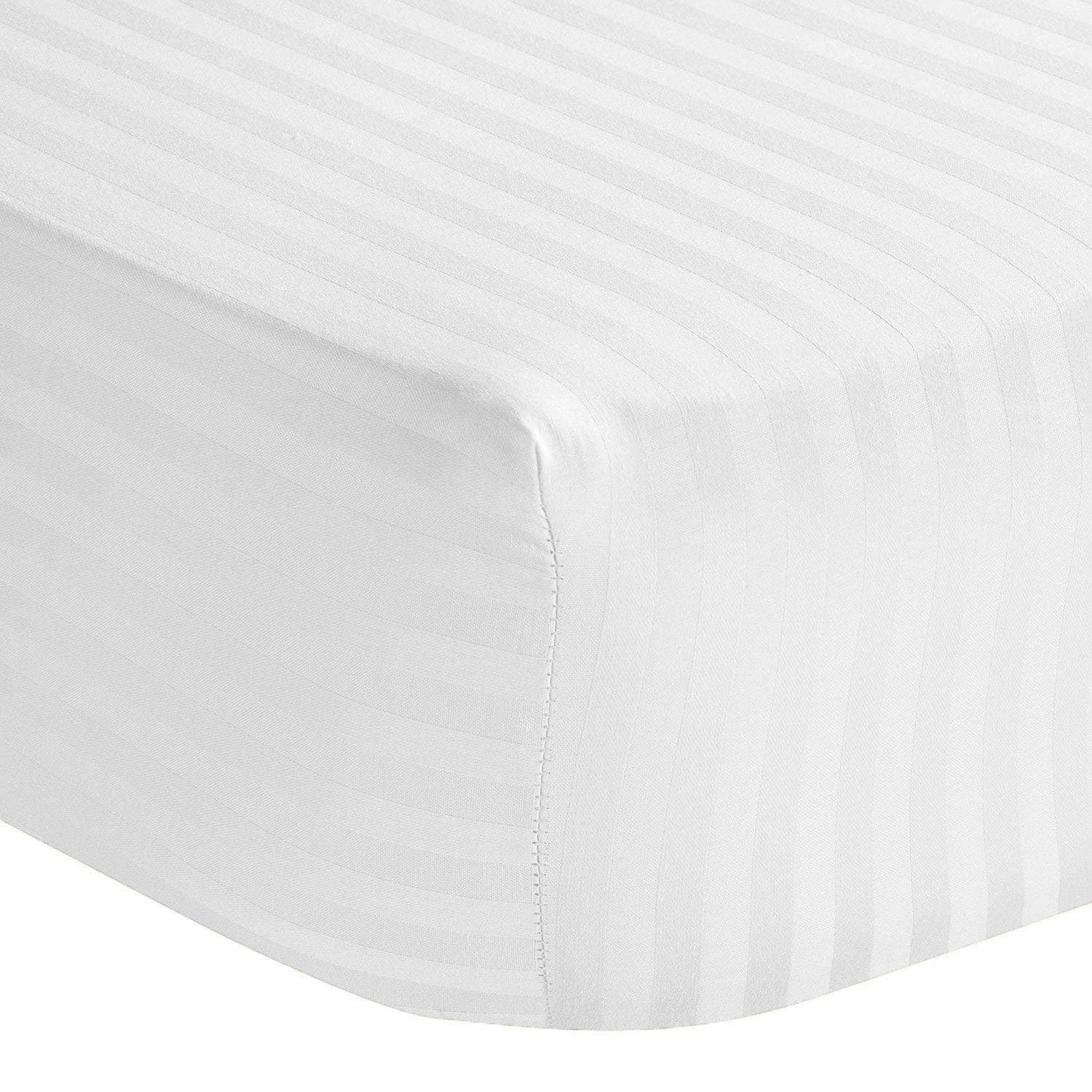 100% Egyption Cotton Deep Fitted 300 Thread Count Saten Stripe Fitted Sheets (White, Single)