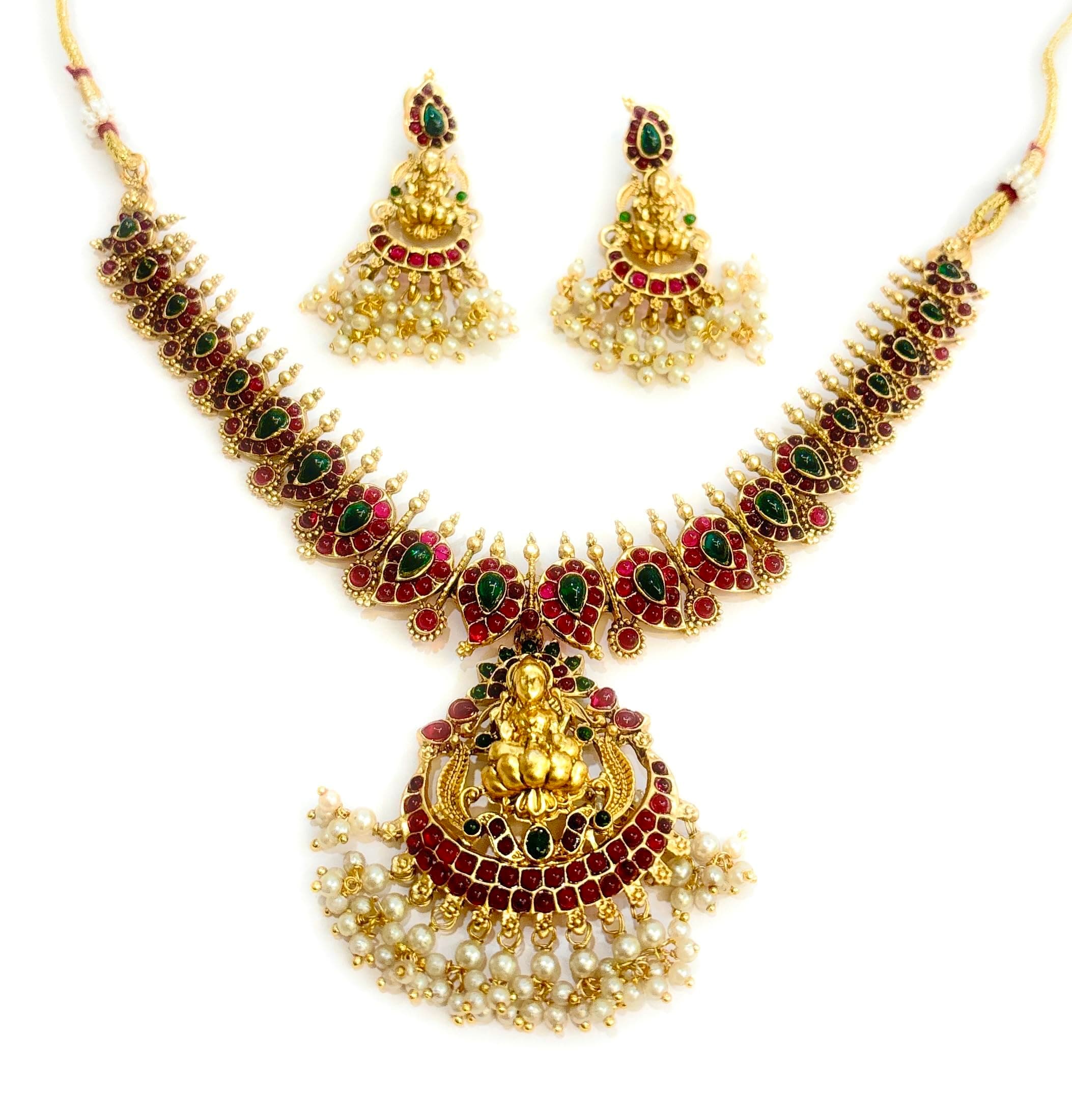 Adyashree Emporium Ruby & Emerald, pearl based mango design Gold plated south Indian Wedding Traditional temple jewellery set. Latest fashion full Combo for Girls & Women