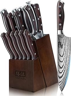 SHAN ZU Knife Set 16 pcs, Japanese Kitchen Knife with Block High Carbon Stainless Steel Ultra Sharp Knife for Kitchen, Professional Chef Knife Set with Sharpener