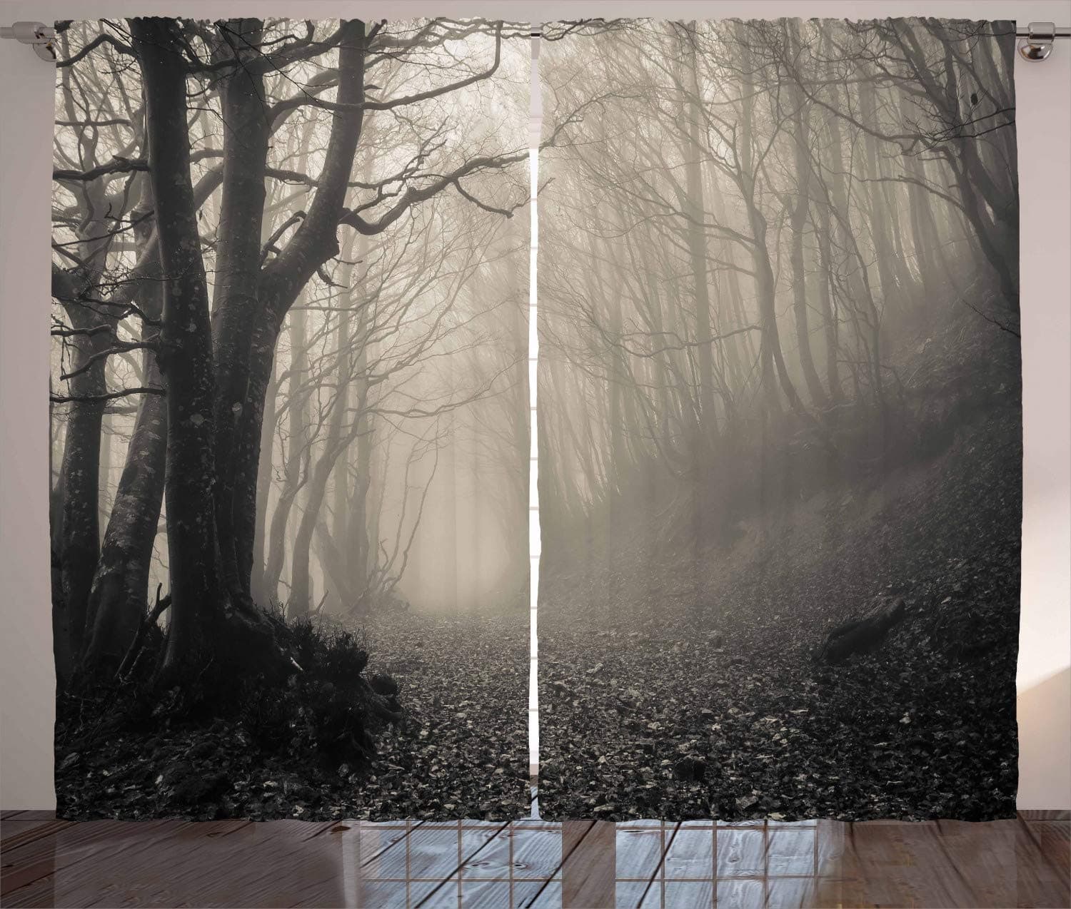 Ambesonne Gothic Decor Collection, Path on the Gothic Forest Trees Foggy Mysterious Nature Monochrome Art, Living Room Bedroom Curtain 2 Panels Set, 108 X 84 Inches, Cloudy Gray