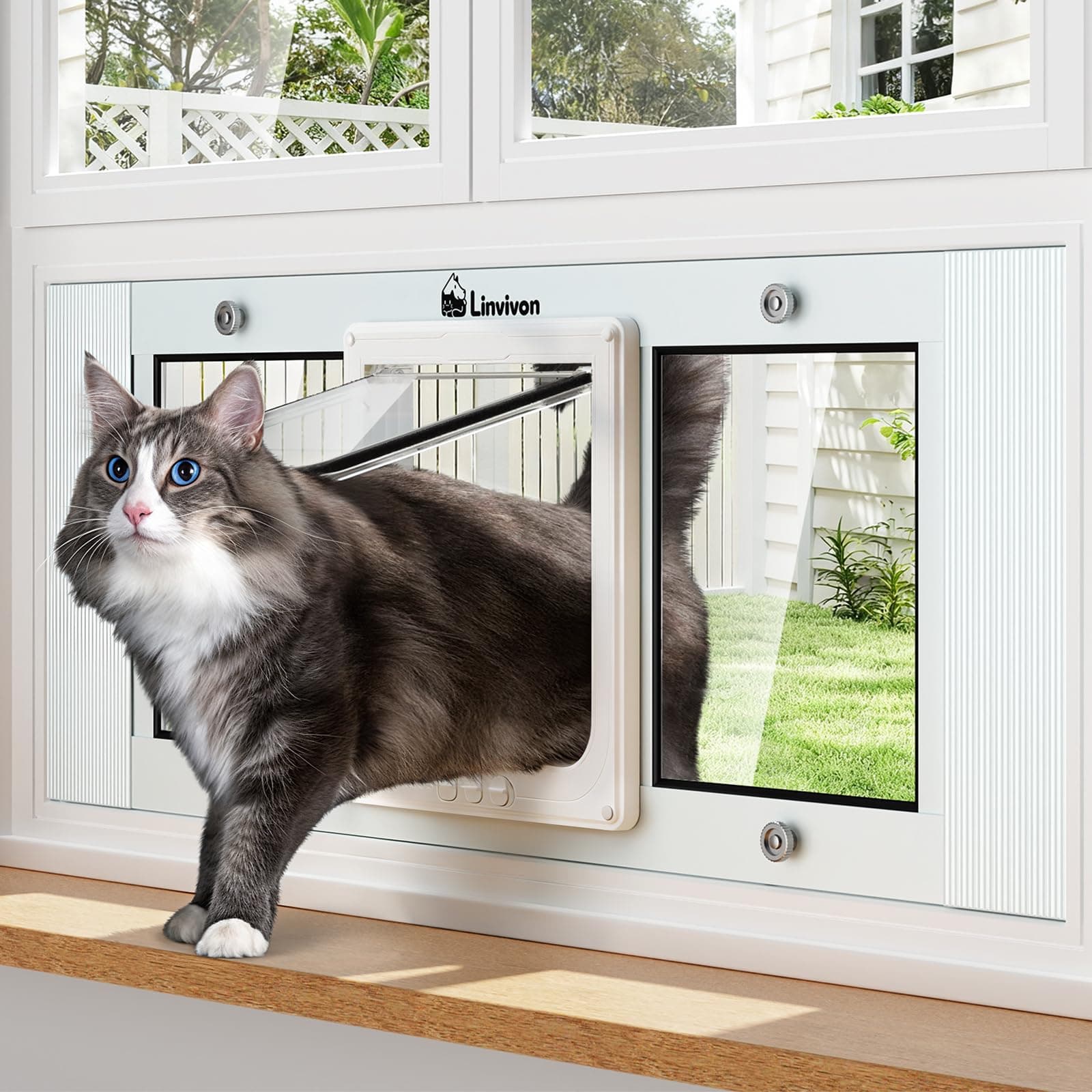 Cat Door for Window, Quick Installation Adjustable Width of 31"-36", Cat Window Door with 4 Locking Modes, Magnetic Closure Design, Weatherproof Aluminum Frame Cat Door Window Insert