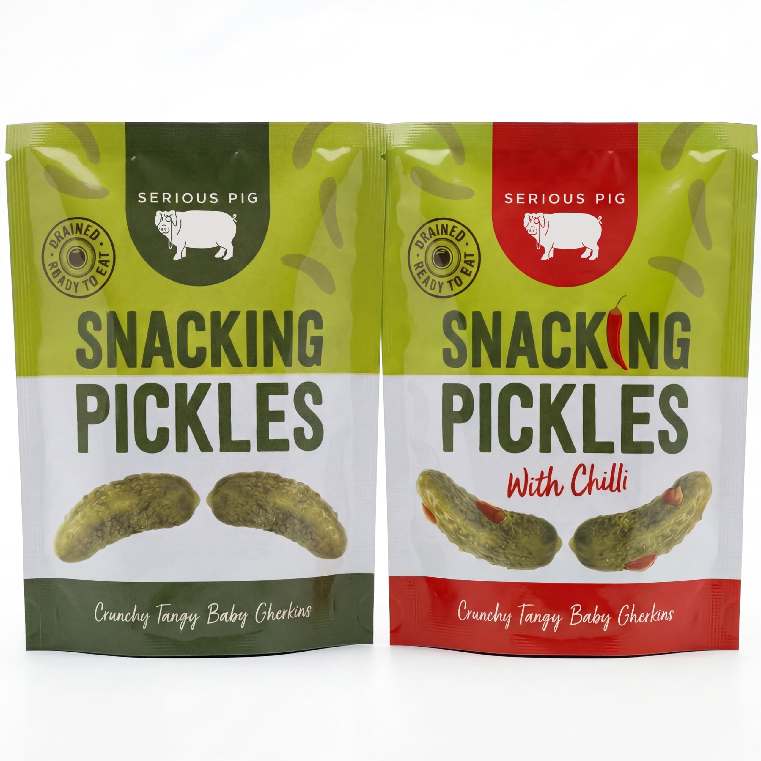 Serious Pig Snacking Pickles Selection Box Original and Chilli Flavour Gherkins - Low Calorie Gluten Free Vegan (4 x 40g)