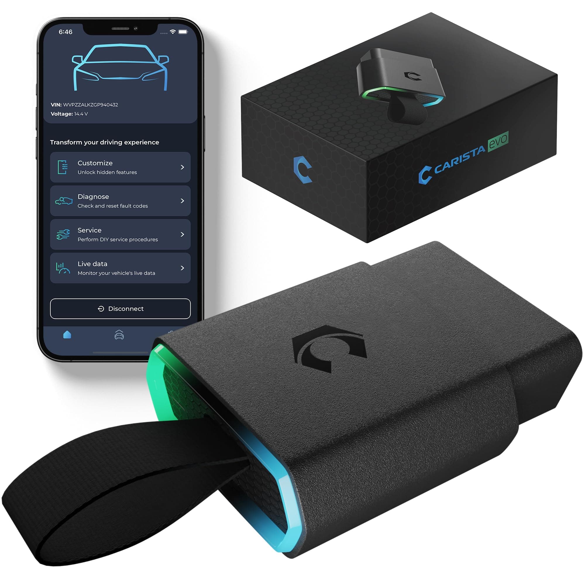 EVO - Bluetooth OBD2 Scanner and App - Car Scanner Diagnostic Tool and Code Reader with Access to Diagnostics, Customizations, Service Tools, and Live Data