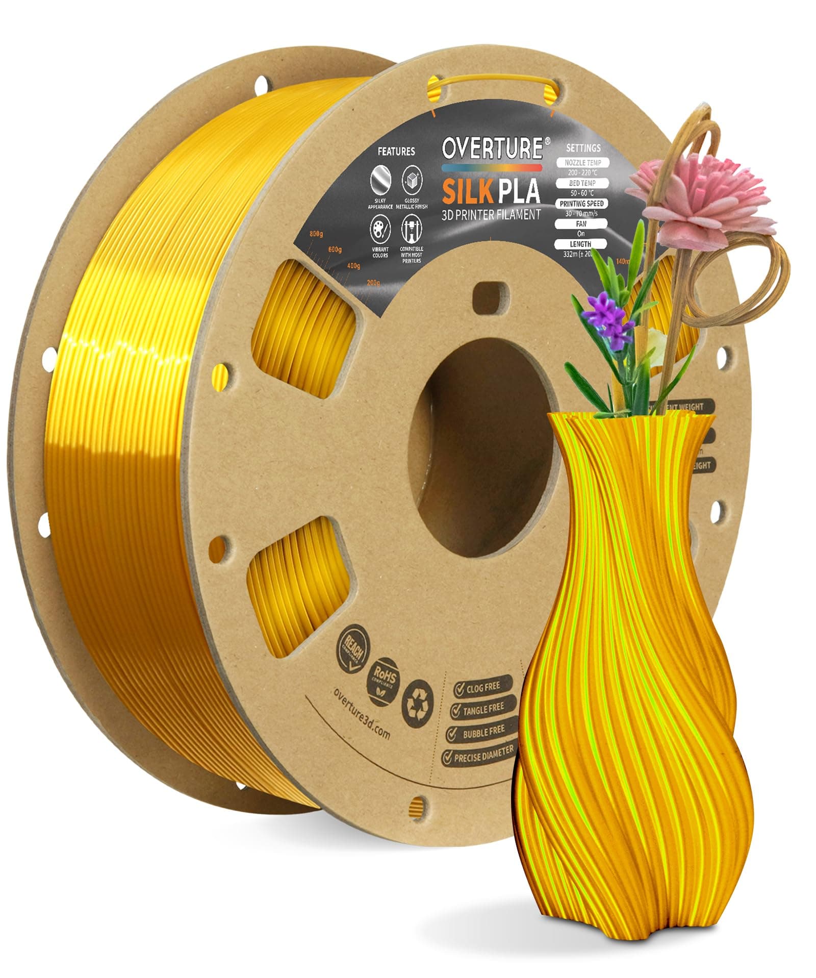OVERTURE PLA Filament Material for PLA 3D Printers 3D Printing 3D Printer Filament 1.75mm 1kg Spool High Dimensional Accuracy High Density Environmental Protection Fits Most FDM Printers(Silk Gold)