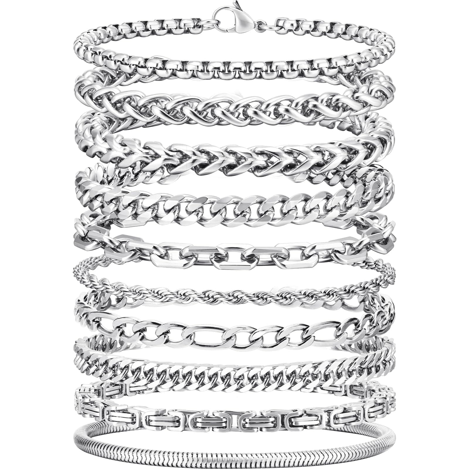 Silver Chain Bracelet for Men - 10 Pcs Solid Stainless Steel Rope/Figaro/Paperclip/Cuban Link/Snake Curb Chunky Chain Bracelet Set Wrist Band for Men Women Boys,Mens Jewelry Set