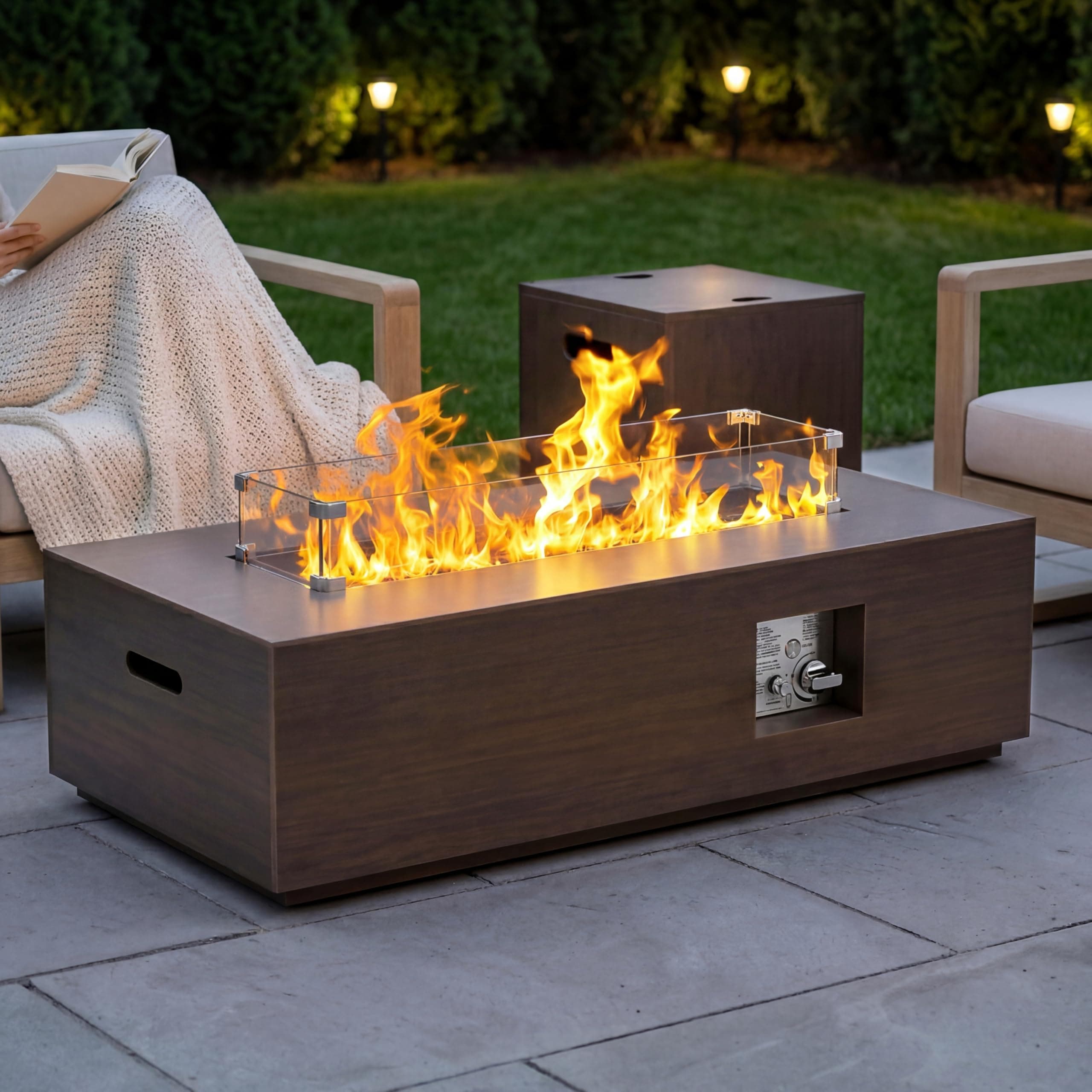 SUNPEAK 42" Rectangular Propane Fire Pit – 50,000 BTU Fire Table with Wind Guard Glass, Lid, Rocks and Cover – Backyard Fire Pits Outdoor – Propane Gas Fireplace for Deck or Patio (Grey, 42" Standard)