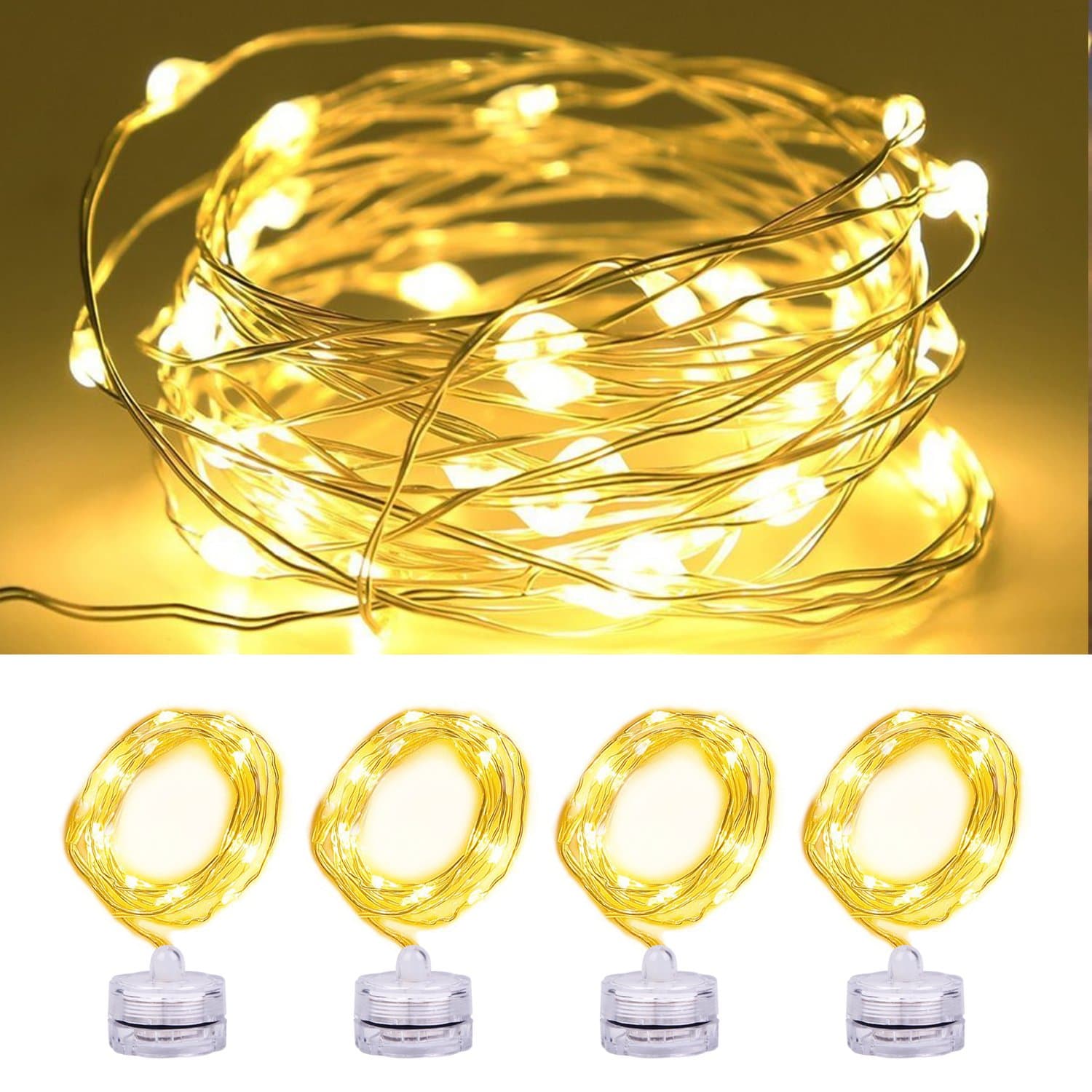 Relohas LED String Fairy Lights, 2m 20 LEDs Waterproof Micro Starry Light with Battery Operated, Moon Light for Bedroom Indoor Wedding Party Festival, Christmas DIY Decoration, Warm White, 4 Pack [Energy Class A+]