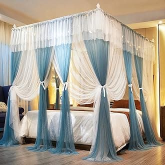 Joyreap Luxury 4 Corners Post Canopy Bed Curtains - Blue & White Cozy Drape Netting - Cute Princess Bedroom Decoration Accessories (59" W x 78" L, Full/Queen)