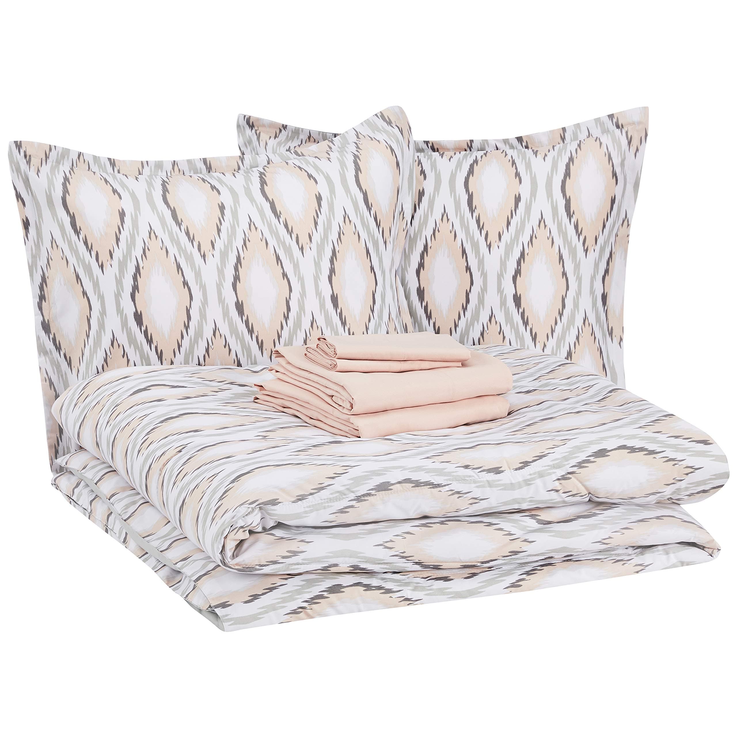 Amazon Basics 8-Piece Ultra-Soft Microfiber Bed-In-A-Bag Comforter Bedding Set - Full/Queen, Blush Pink Sierra