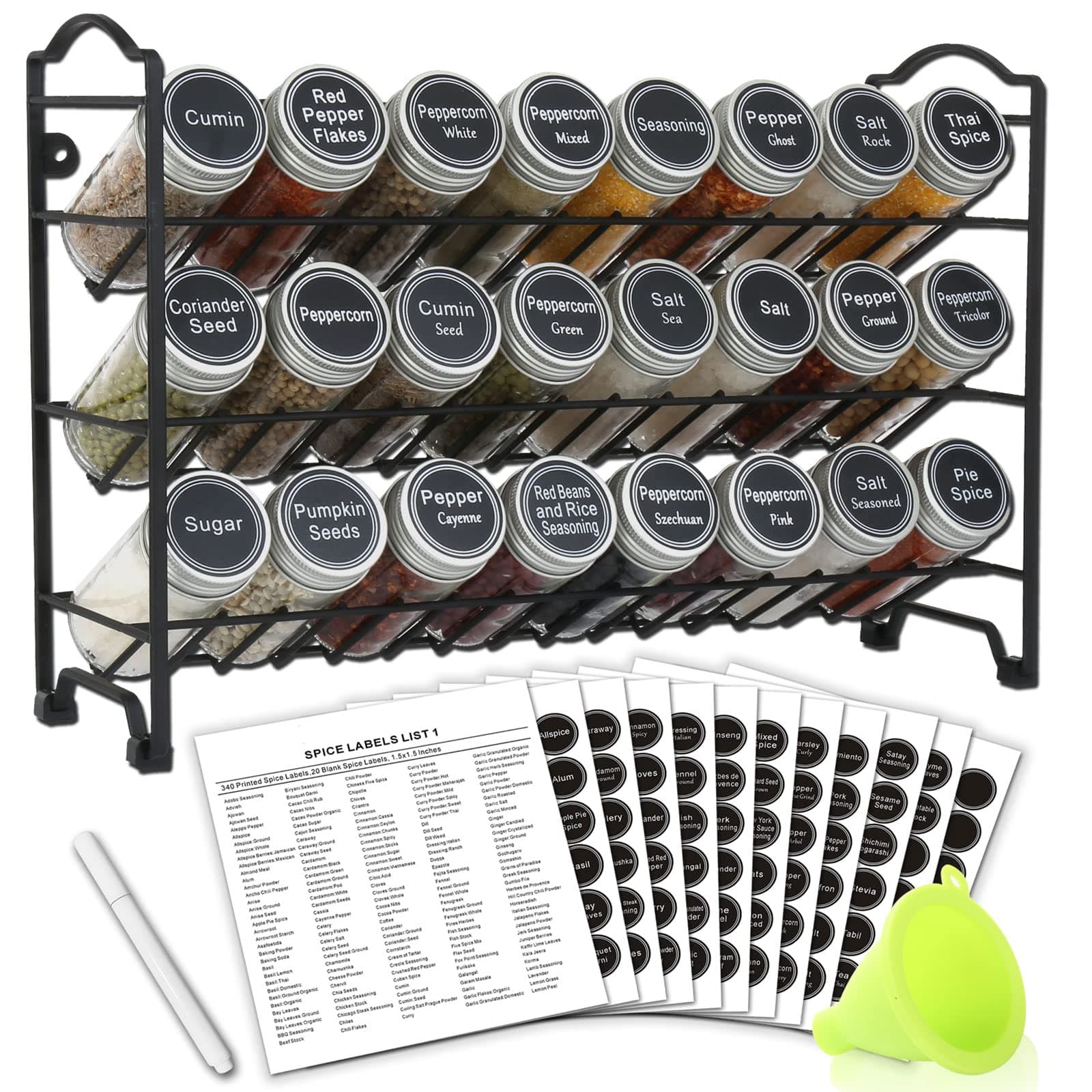 SWOMMOLYSpice Rack Organizer with 24 Empty Round Spice Jars, 396 Spice Labels with Chalk Marker and Funnel Complete Set, Spice Rack Organizer for Cabinet, Pantry, Countertop or Wall Mount, Black