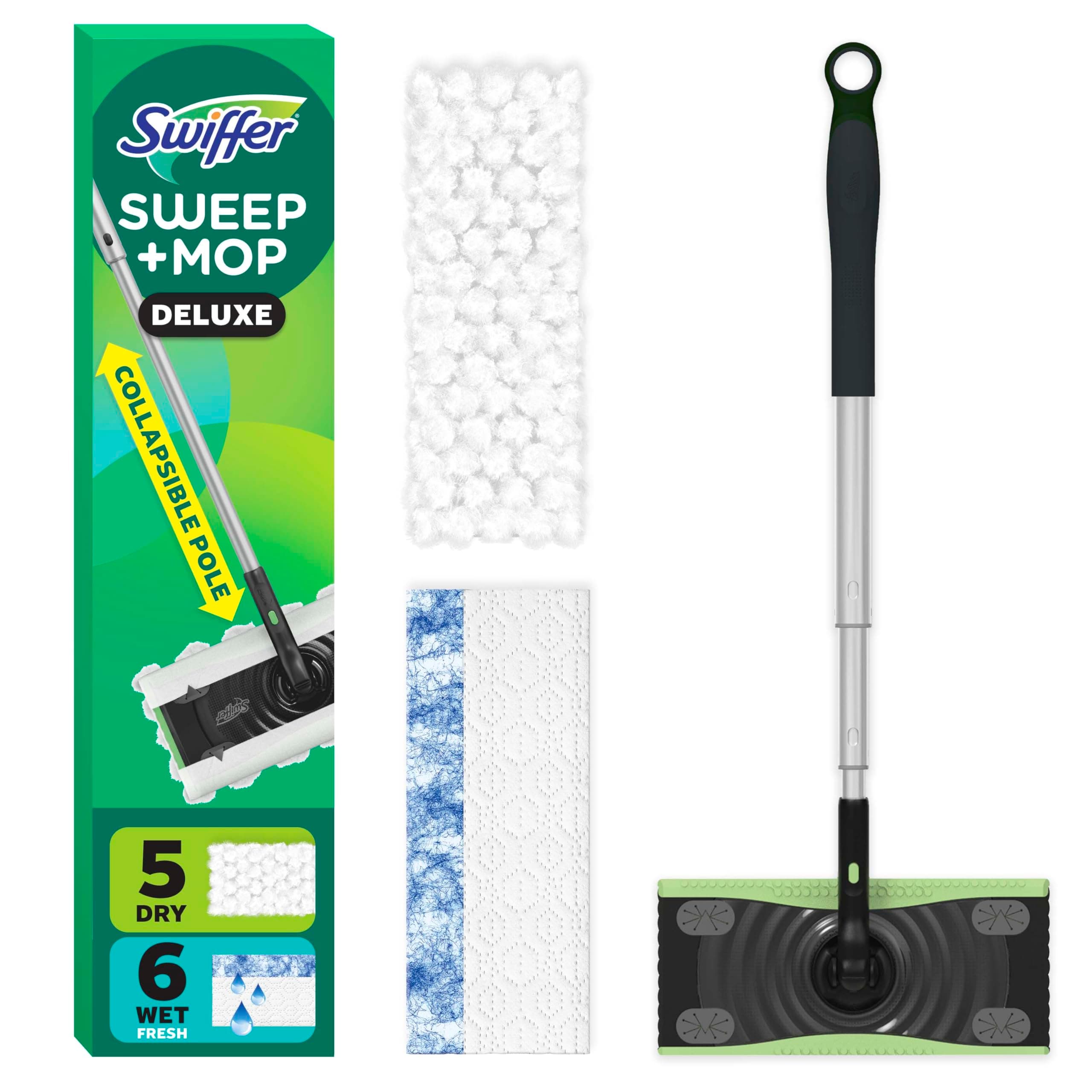 Swiffer Sweep & Mop Deluxe 2-in-1 Multi-Surface Kit for Floor Cleaning, Includes 1 Sweeper Device, 5 Dry Sweeping + 6 Wet Mopping Heavy Duty Cloths, Black