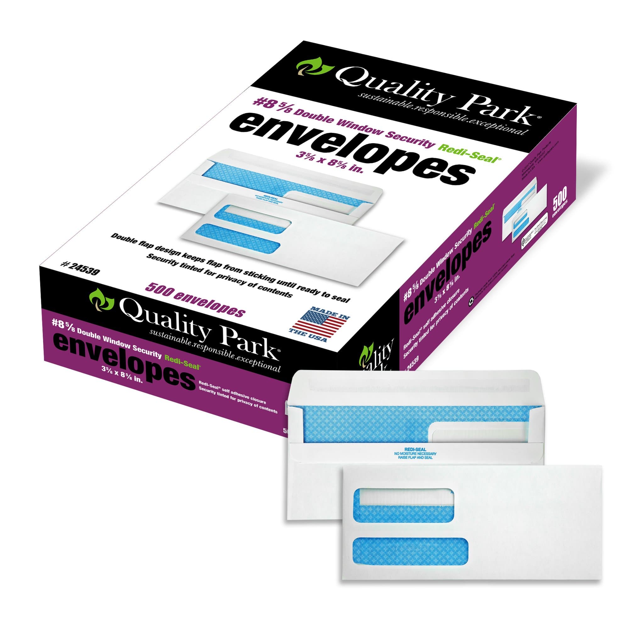 Quality Park#8-5/8 Double Window Security Tinted Check Envelopes with a Self Seal Closure, 24 lb White Wove, 3-5/8 x 8-5/8. 500 per Box (24539)