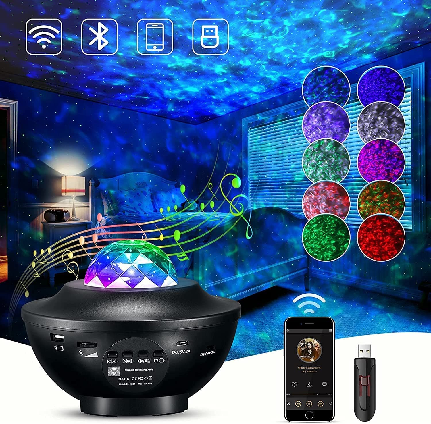 AONCO LED Star Light Projector, 2 in 1 Rotating Starry Lamp & Galaxy Ocean Wave Projector with Remote Control, 10 Colors Changing, Music Bluetooth Speaker Timer for Kids Adults Bedroom Birthday Gifts