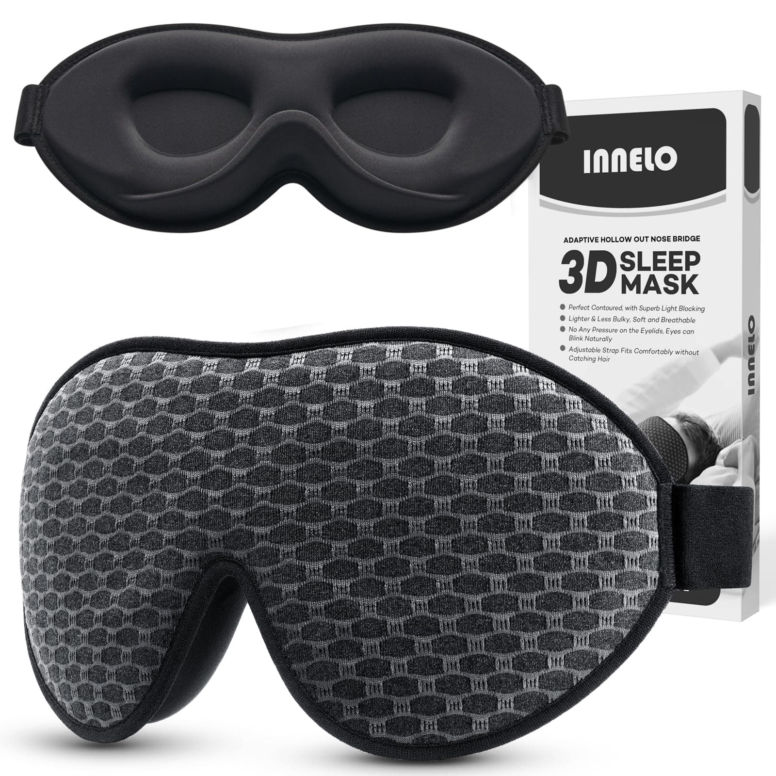 INNELO Sleep Mask 100% Blackout for Men Women, 3D Contoured Zero Pressure Eye Mask for Sleeping with Ice Silk Lining, Soft Comfort Sleeping Mask for Shift Work, Business Trips, Insomnia,Grey