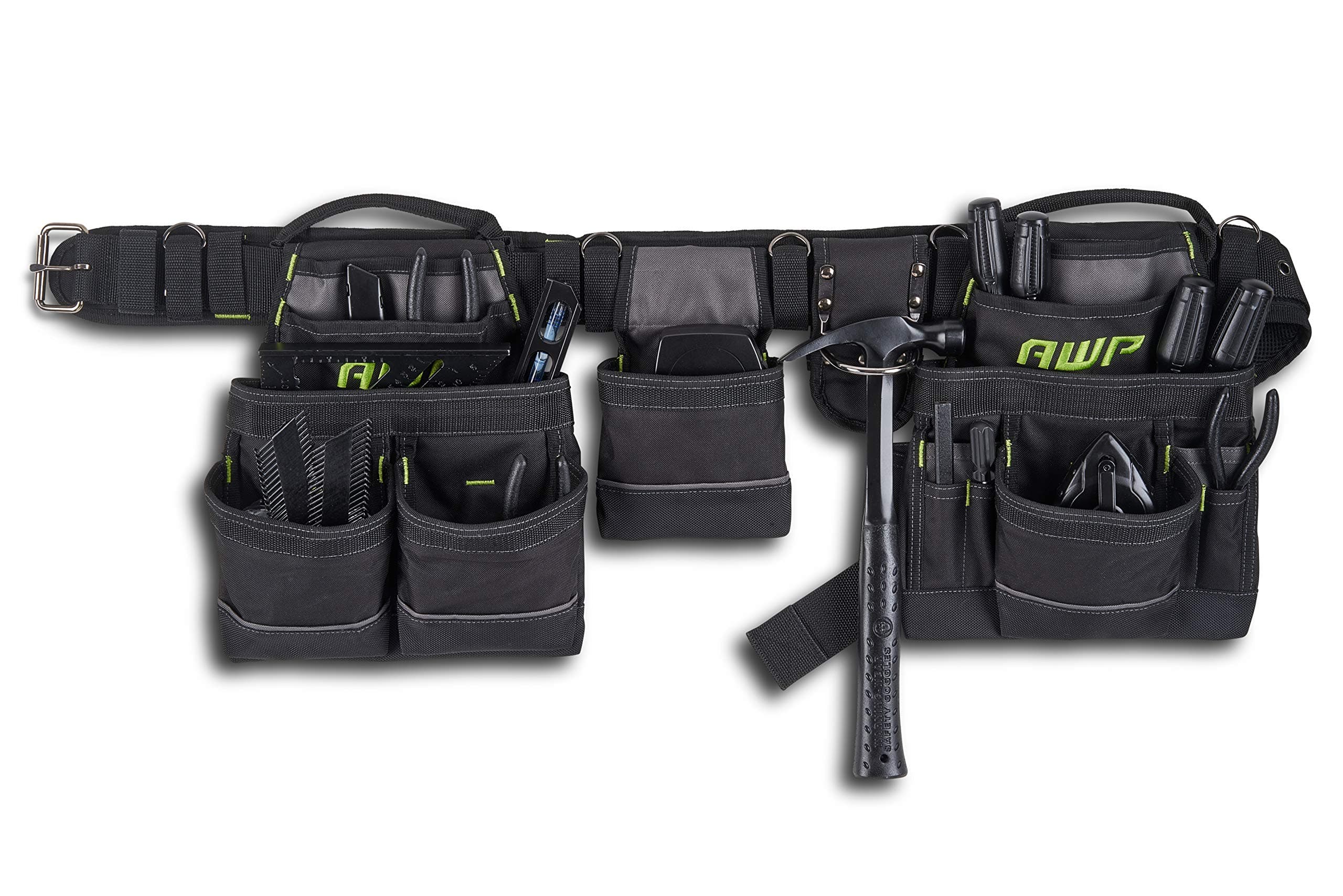 AWP Carpenter Tool Rig with Carry Handle, Premium Tool Belt, Air Mesh Padded Belt, Fits Up to 50" Waist, Black