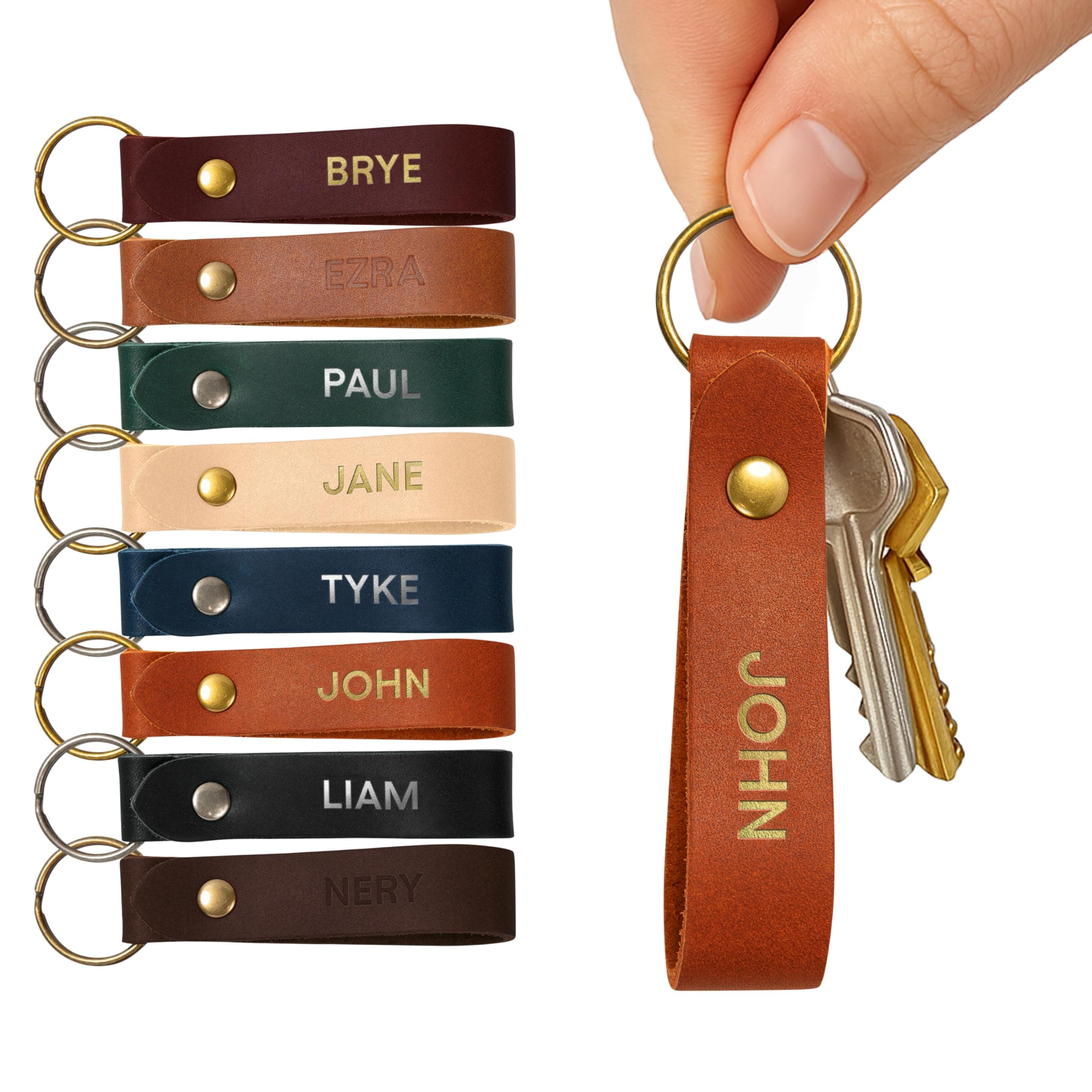 Personalized Leather Keychain – Custom Full Grain Key Ring Fob – Handmade in USA Gift for Men, Women and Couples