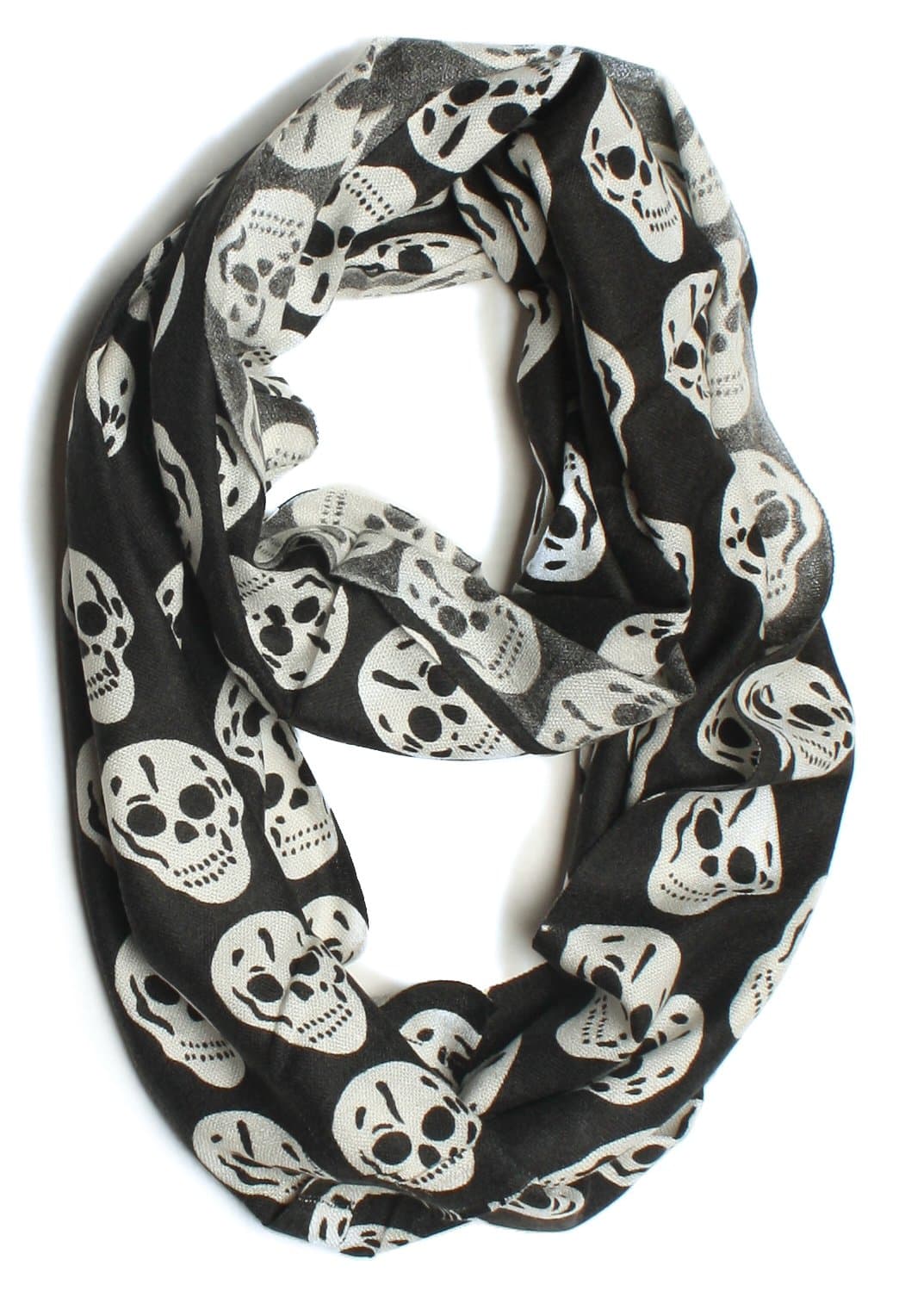 Ensasa Skull Pattern Infinity Loop Scarf, Black with White Skull