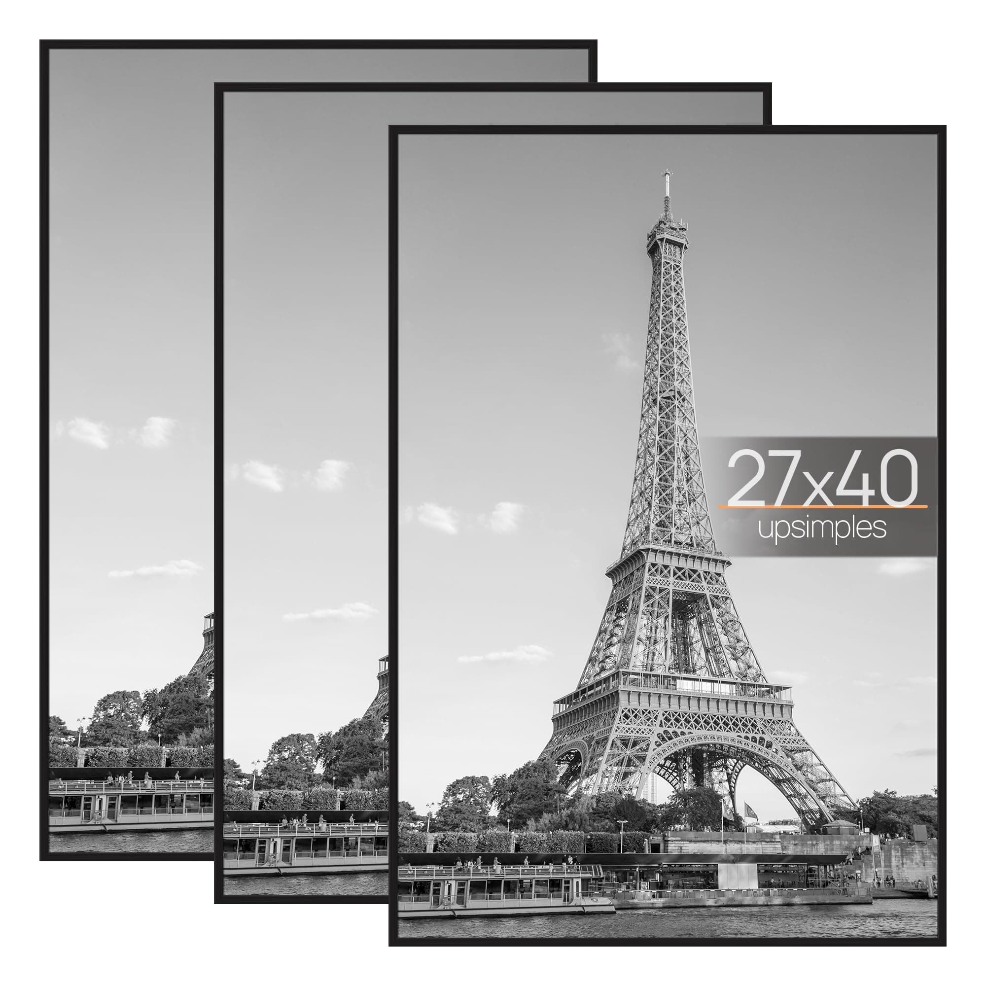 upsimples 27x40 in Poster Frame Black 3 Pack, Scratch-Proof Picture Frames 27 x 40 for Photo Gallery - Slide-In Strips, Horizontal or Vertical Wall Mounting