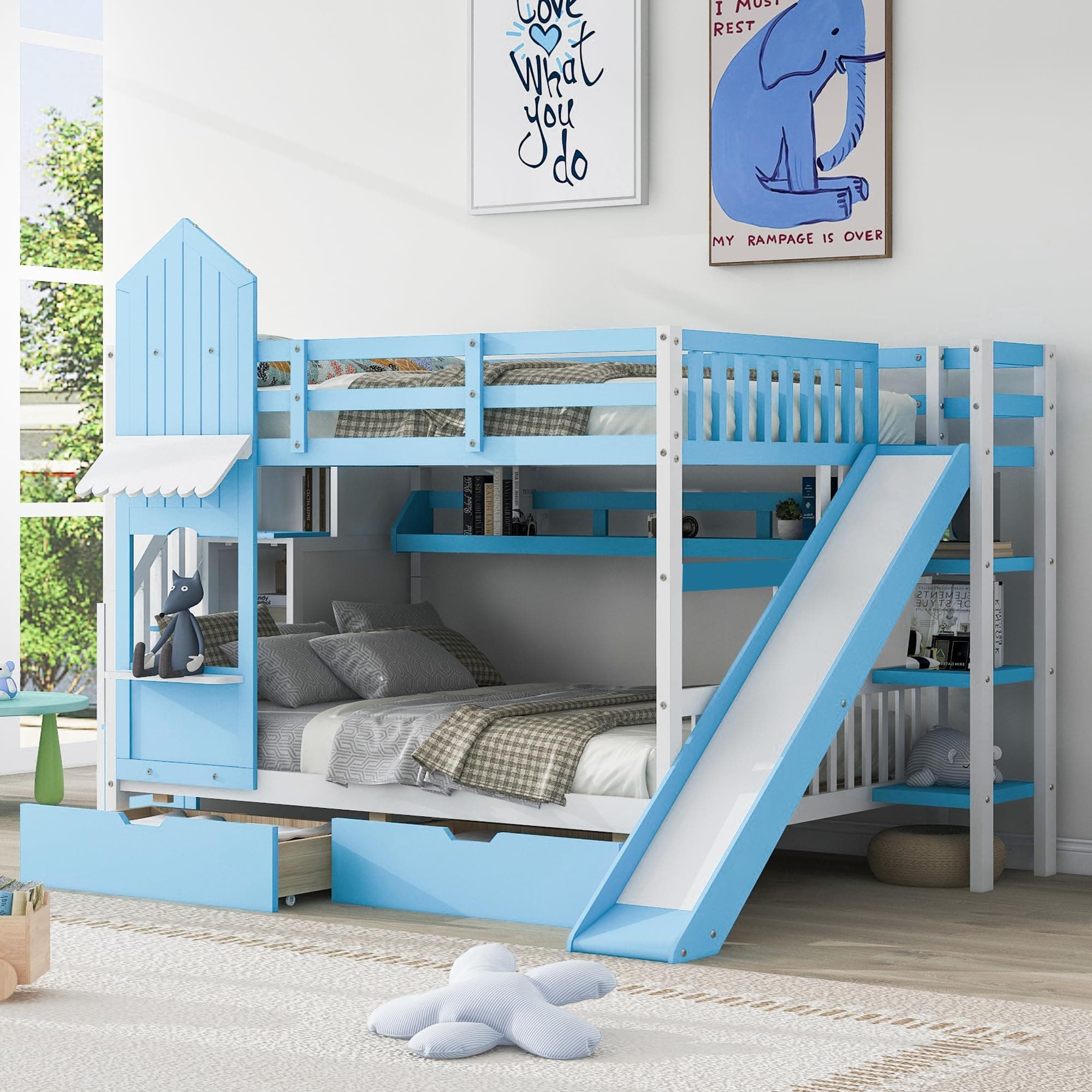 Full-Over-Full Bunk Beds Castle Style Bunk Bed with 2 Drawers 3 Shelves and Slide - Blue