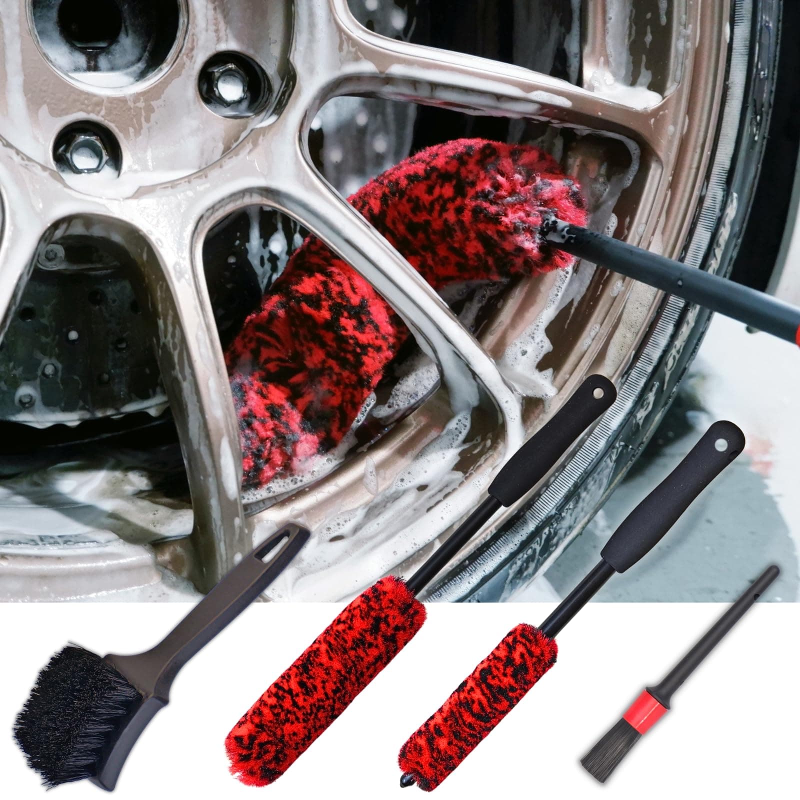 - Wheel Brushes for Cleaning Wheels (4 Pro Pack)- 2X Soft Wheel Cleaning Woolies Brush, Detailing Brush and Stiff Tire Brush, Scratch Free Durable Car Wheel Rim Brush Kit for Car Rim and Tire Detailing