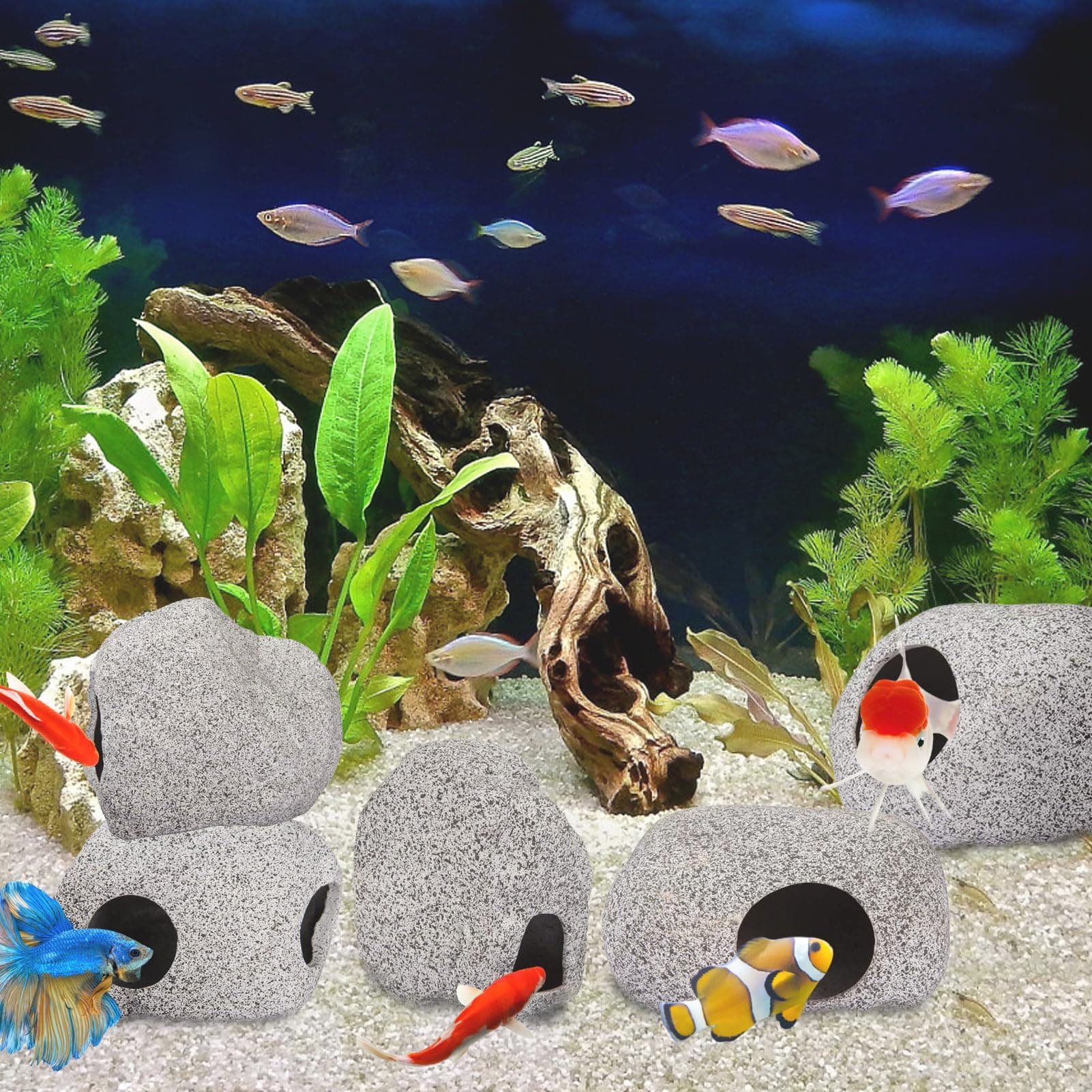5 Pack Stackable Aquarium Decoration Rock Caves- Ceramic Fish Tank Hideout Cave Stone Ornaments in 5 Styles Professional Betta Cave Hideaway Tunnel for Territorial Fish Shrimp Cichlid Hiding Breeding