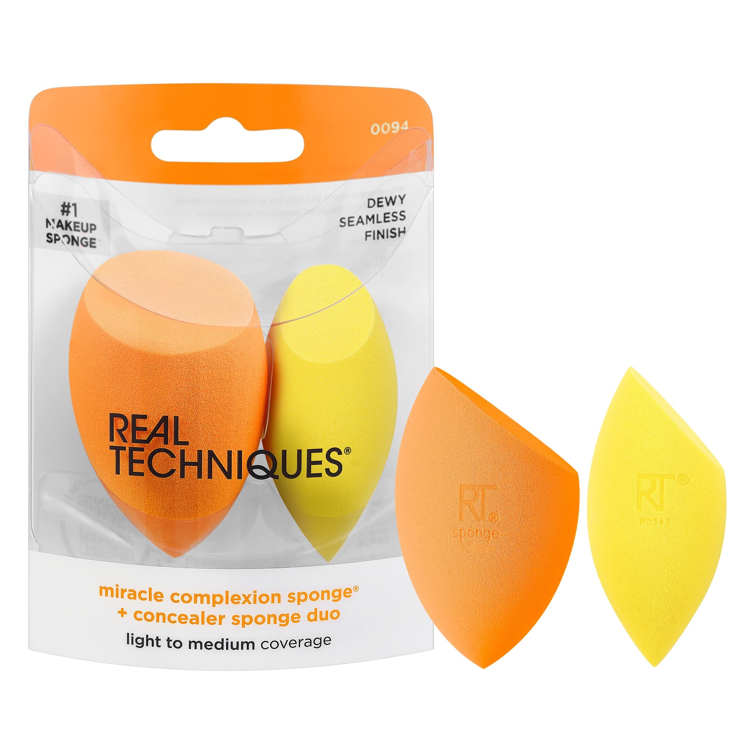 Real Techniques Miracle Complexion Concealer Sponges for Foundation & Concealer, Light to Medium Coverage, Natural Makeup, Latex Free Foam - 2 Pcs