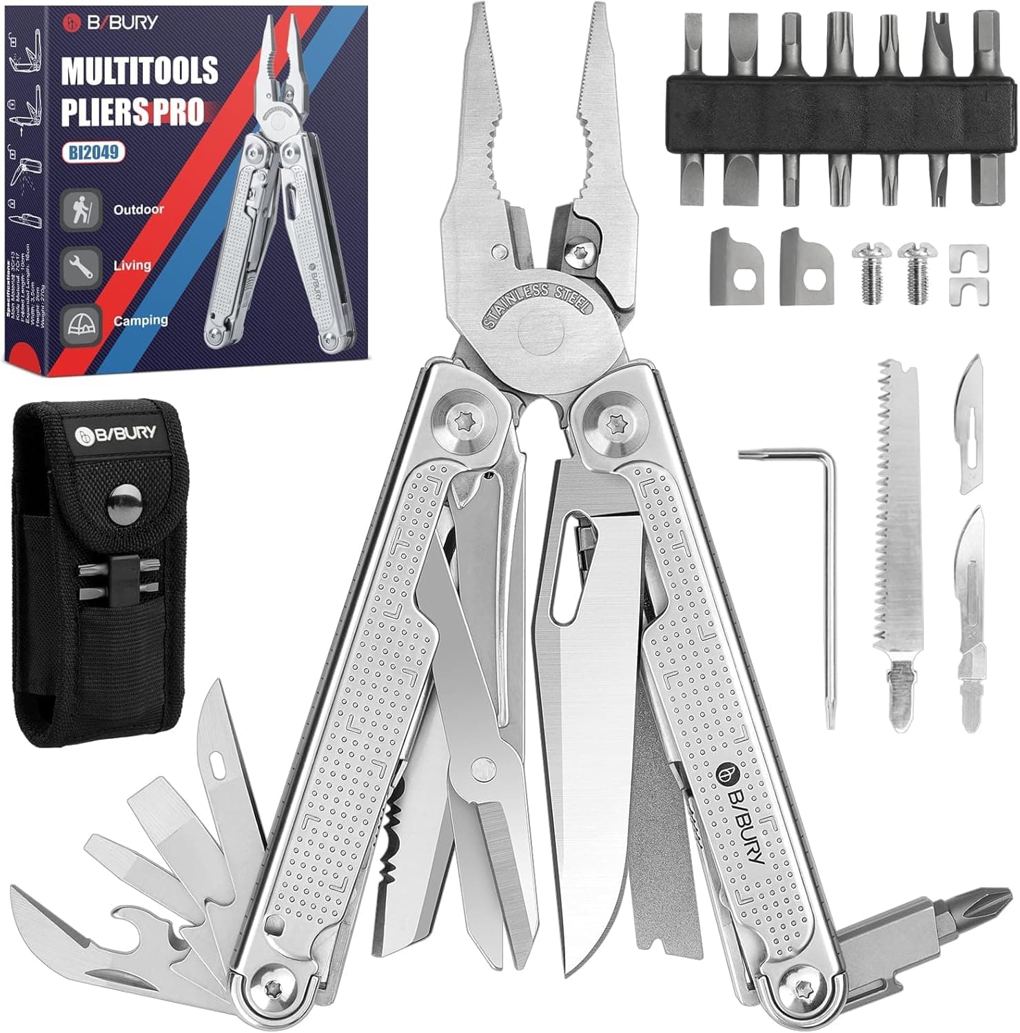 Multitool Pliers Pro BI2049, 3Cr13 Multi Tool with Large Saw Blade, YG10 Tungsten Wire Cutters, EDC Multi Tool w/Scissors and Screwdirver Set for Outdoor Hunting Survival Camping, Gift for Men