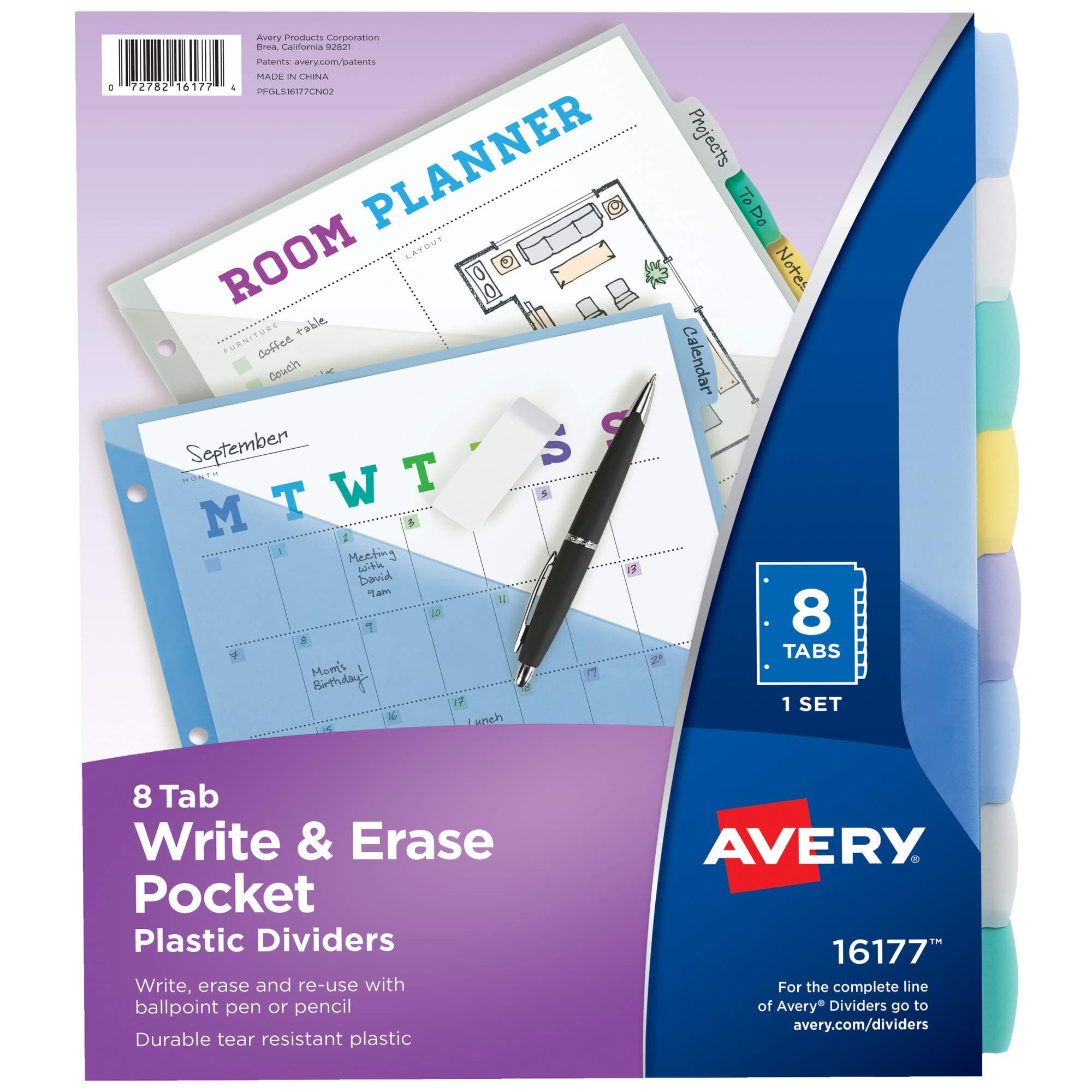Write & Erase Pocket Plastic Dividers for 3 Ring Binders, 8-Tab Sets, Multicolor, Tabs Viewable Beyond Sheet Protectors, 1 Set (16177)