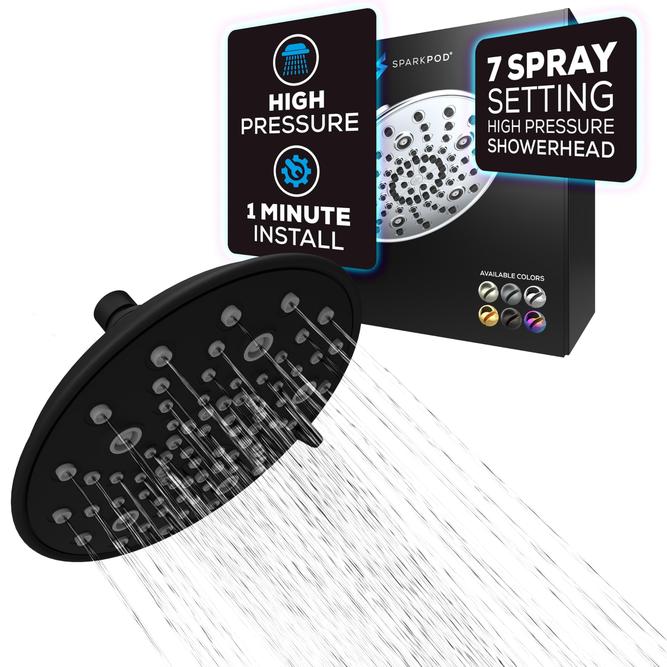 SparkPod 7 Spray Settings Shower Head - Adjustable High Flow Shower Head with Mist Setting - Showerhead Replacement Head for the Bathroom (8 Inch, Black Matte)