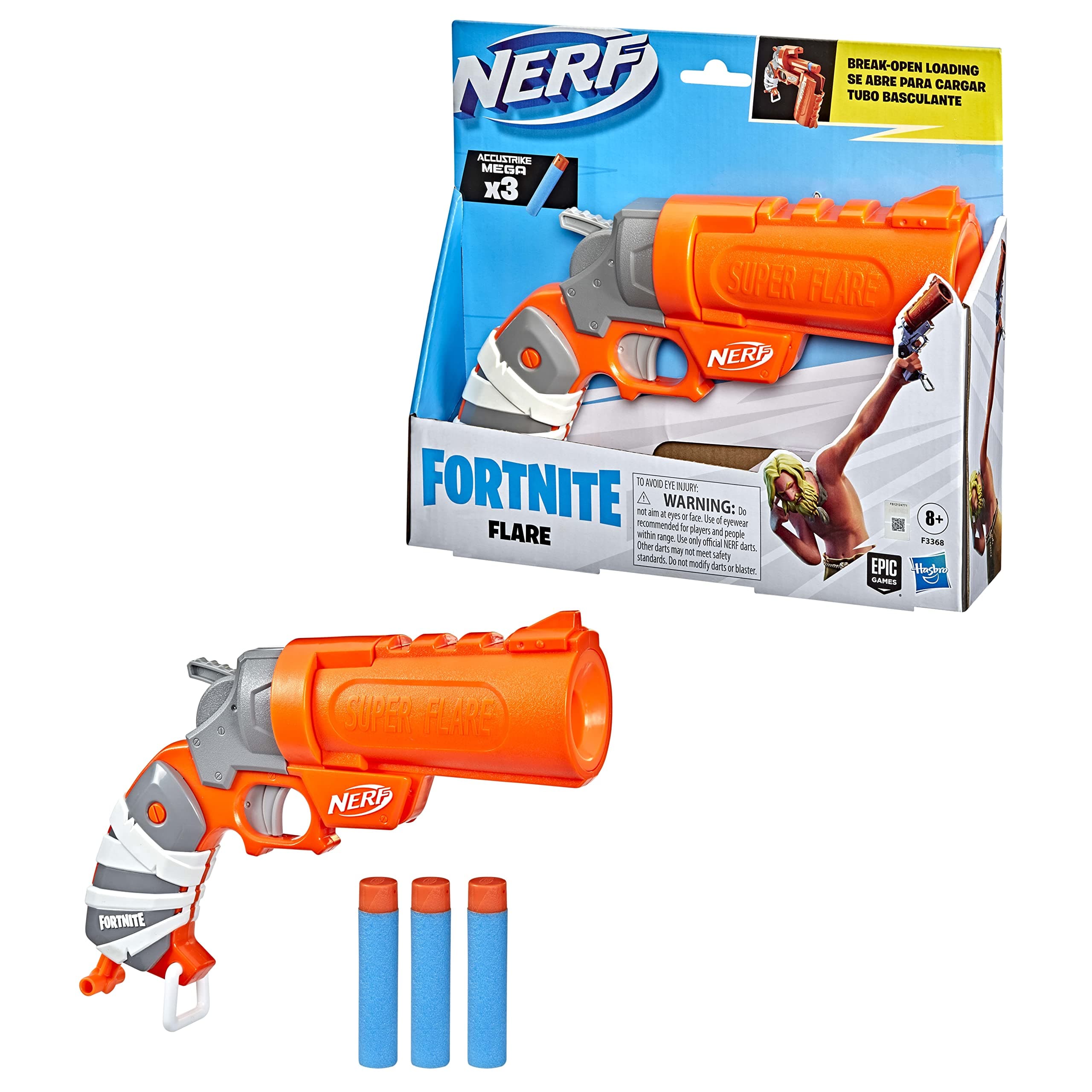 Fortnite Flare Dart Blaster, Break-Open Dart Loading, 3 Nerf AccuStrike Mega Darts, Pull-Down Priming Handle