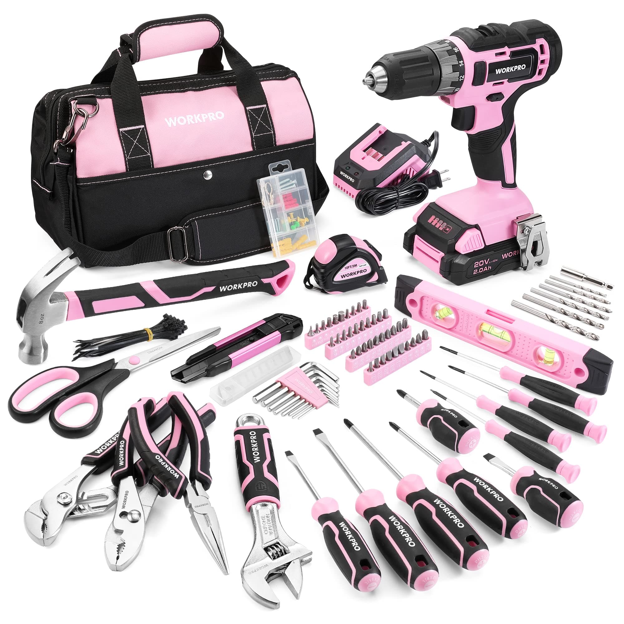 - Pink Tool Kit with Drill, Tool Set with 20V Cordless Lithium-ion Drill Driver, Pink Drill Set for Women, 157PCS Home Tool Kit, Lady's Repairing Kit with 14-Inch Storage Bag - Pink Ribbon