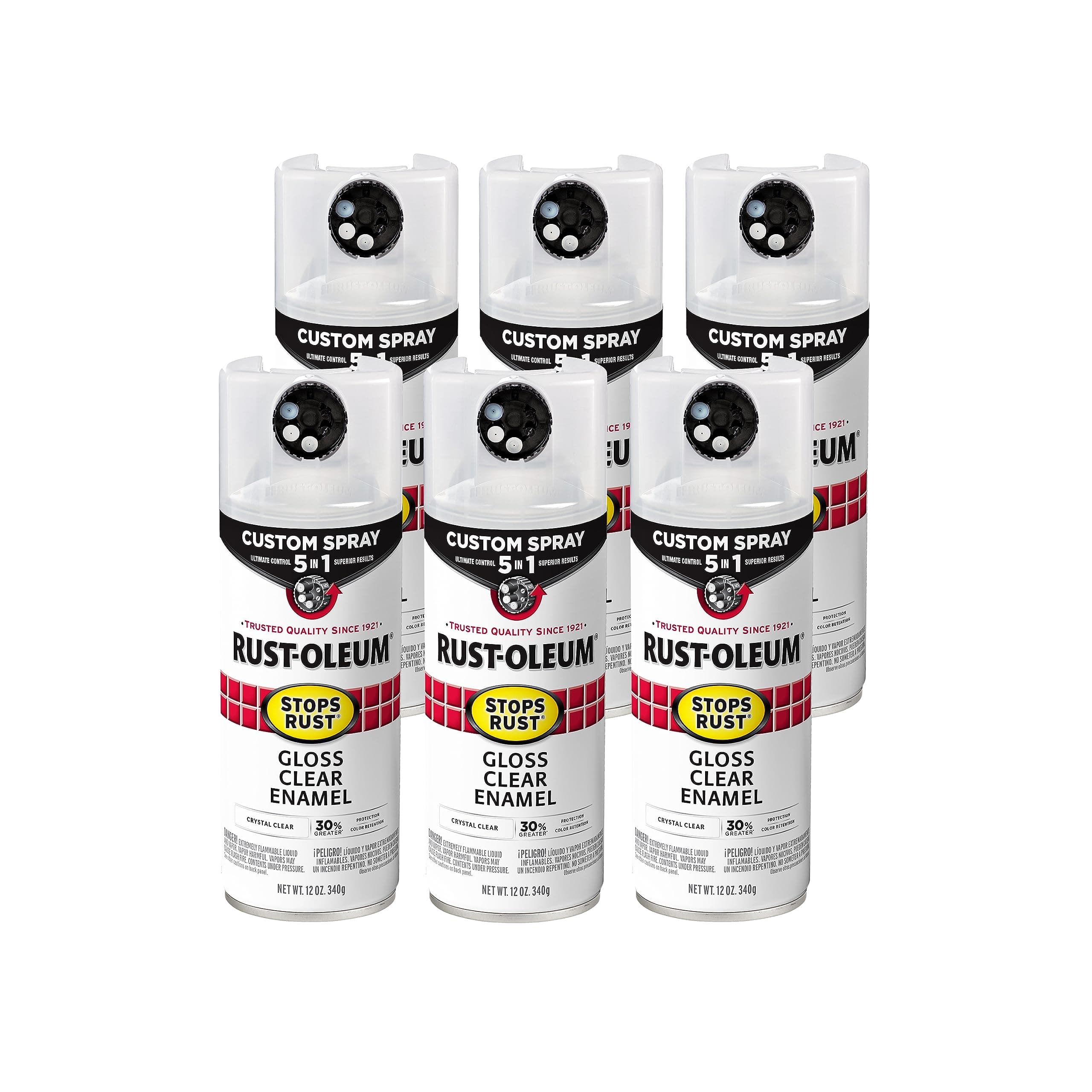 Rust-Oleum 376885-6PK Stops Rust Custom Spray 5-in-1 Spray Paint, 12 oz, Gloss Clear, 6 Pack