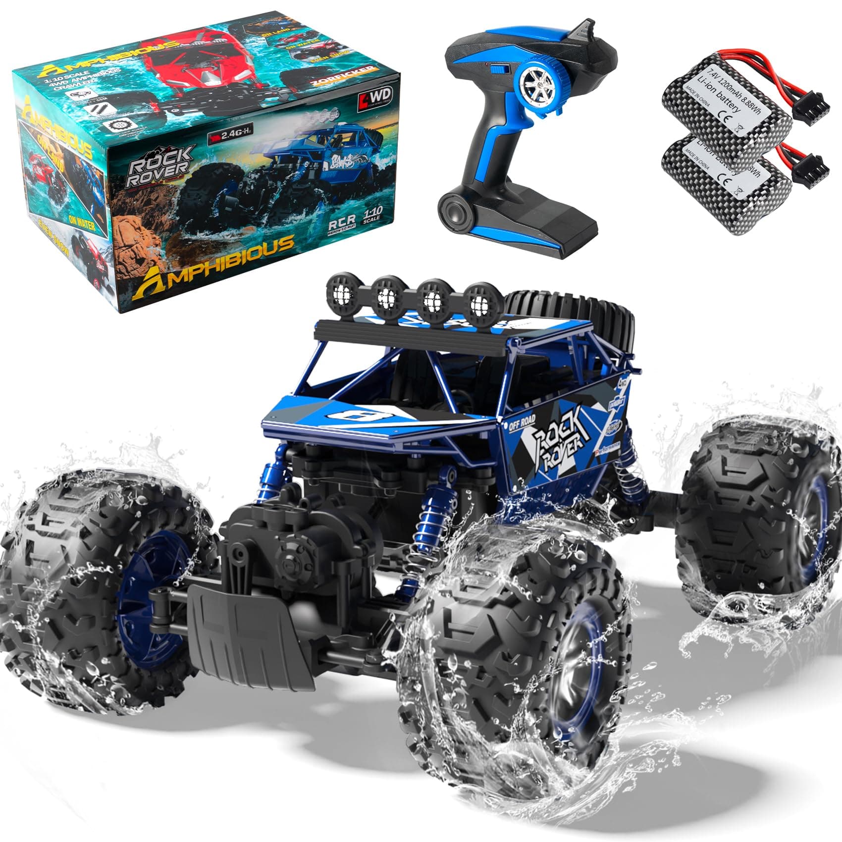 1:10 Scale Remote Control Car, 48+ KM/H High Speed Amphibious RC Monster Truck, 4WD Waterproof Off RC Road Car, 2 Batteries 80Mins Play, Toy Gift for Adults Kids Boys Girls