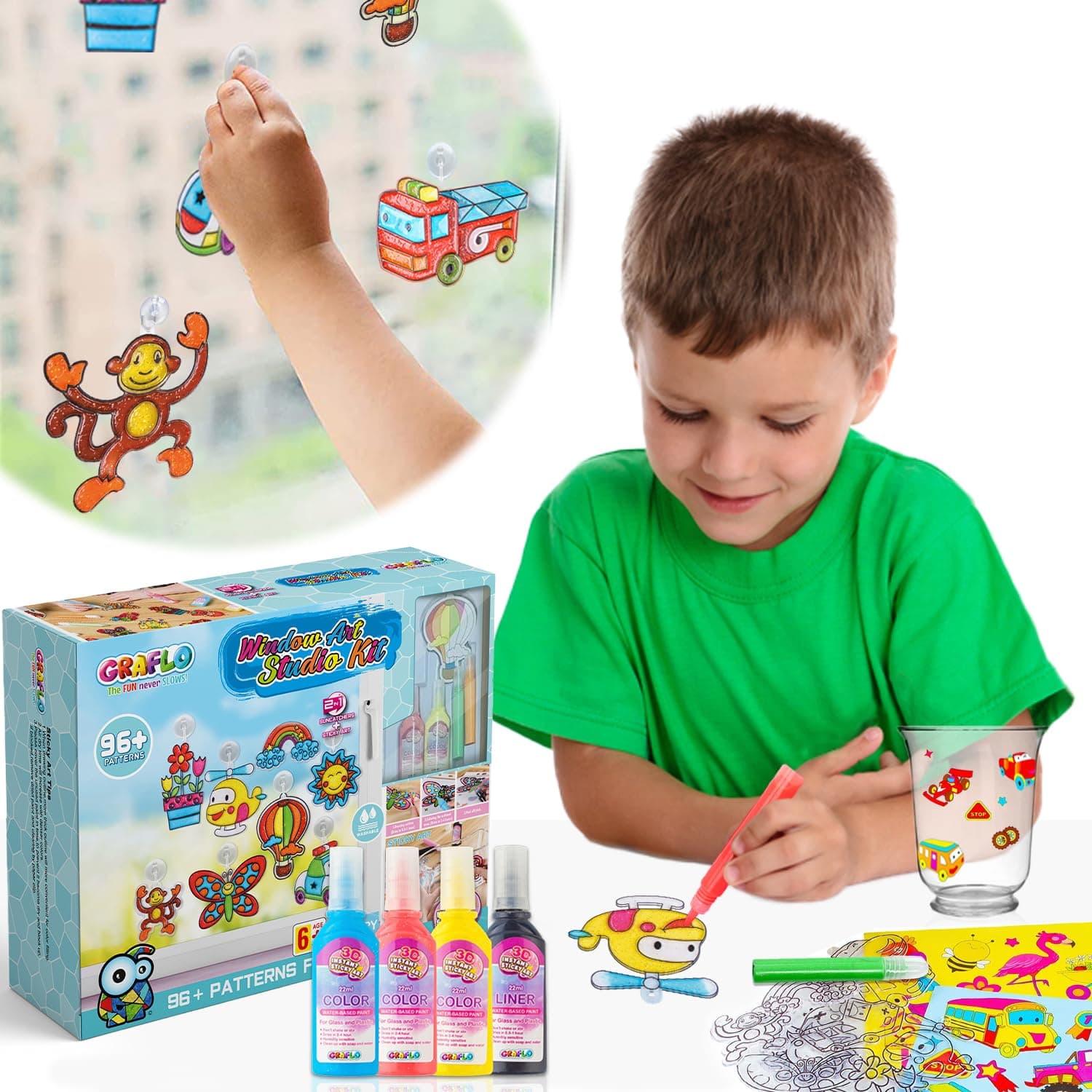 GRAFLO Window Art Studio Kit for Boys to Paint, Make Your Own Suncatchers Set, 3D Paint Sticky Arts, 96+ Patterns for More Kids Fun, 8 Vivid Colors, DIY Window & Mirror Arts Crafts for Kids, 6+ Years