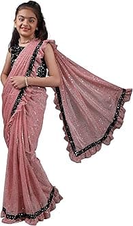 NILKANTHVARNI CREATION Kids Girls Lycra Blend Saree With Unstitched Sequence Blouse Piece (3-4 yrs to 11-12 yrs)