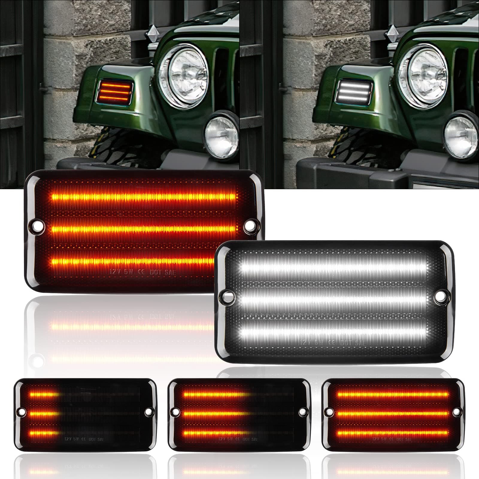 Gempro Led Sequential Front Turn Signal Lights White DRL for 1997-2006 Jeep Wrangler TJ Smoked Len
