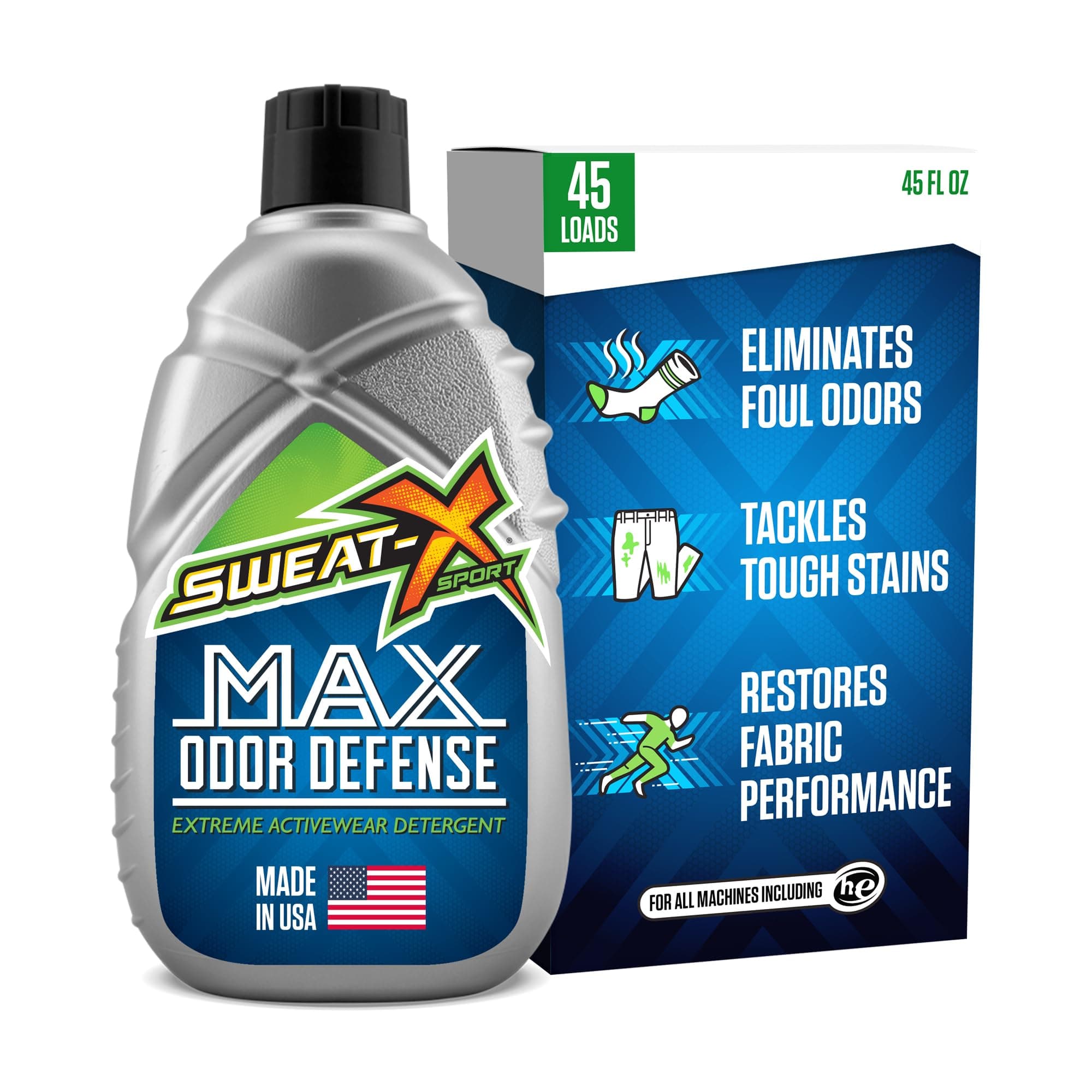 Sweat X Max Odor Defense Laundry Detergent – Remove the Worst Odors & Toughest Stains – High Performance Sports Wash for Training Gear & All Fabric Types – 45 Loads – 1 Pack