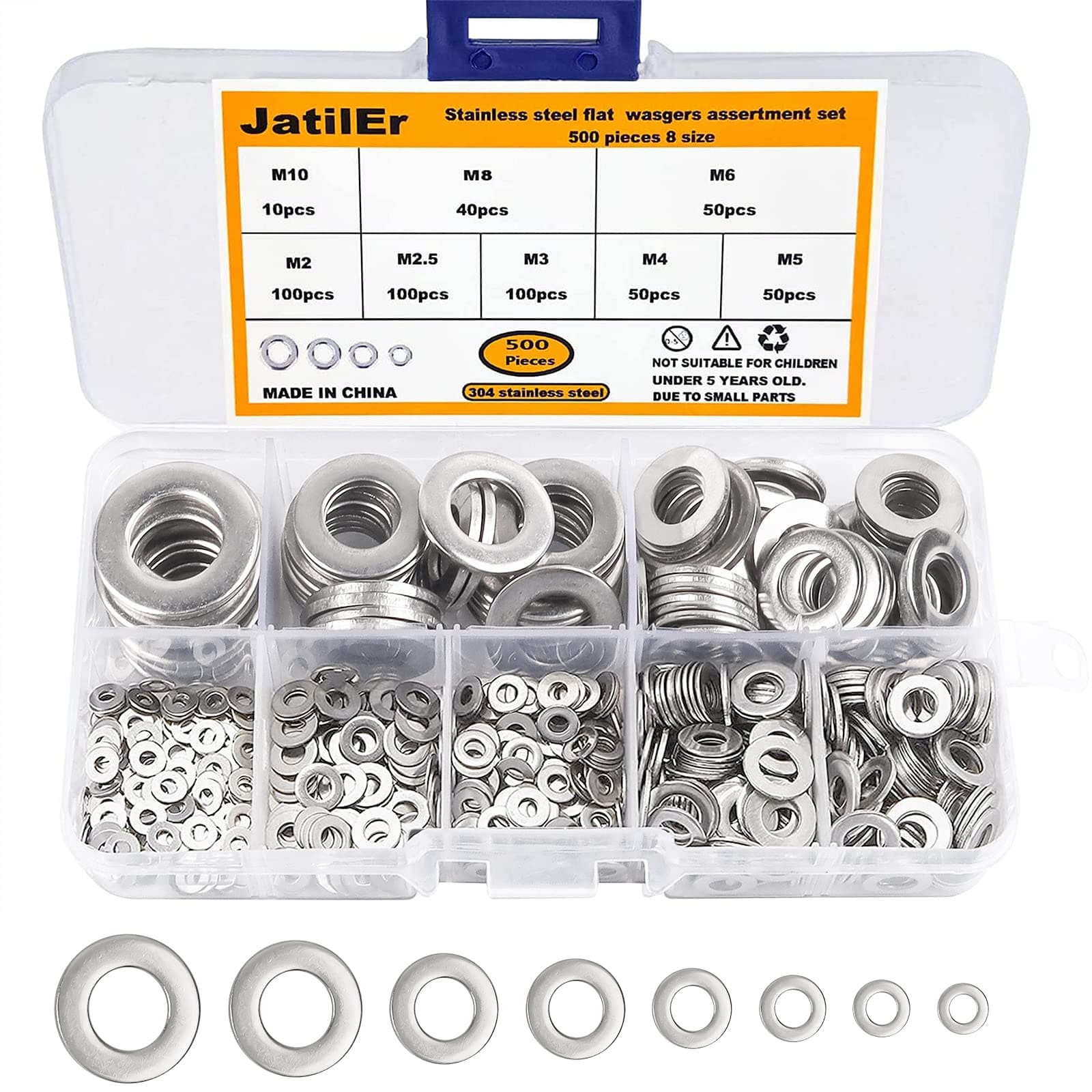 JatilEr 500 Pcs Flat Washers, Metal Washers Assorted Washers Kit M2, M2.5, M3, M4, M5, M6, M8, M10, Stainless Steel Flat Washers Small Screws Washer Assortment Set for Home Decoration General Repair