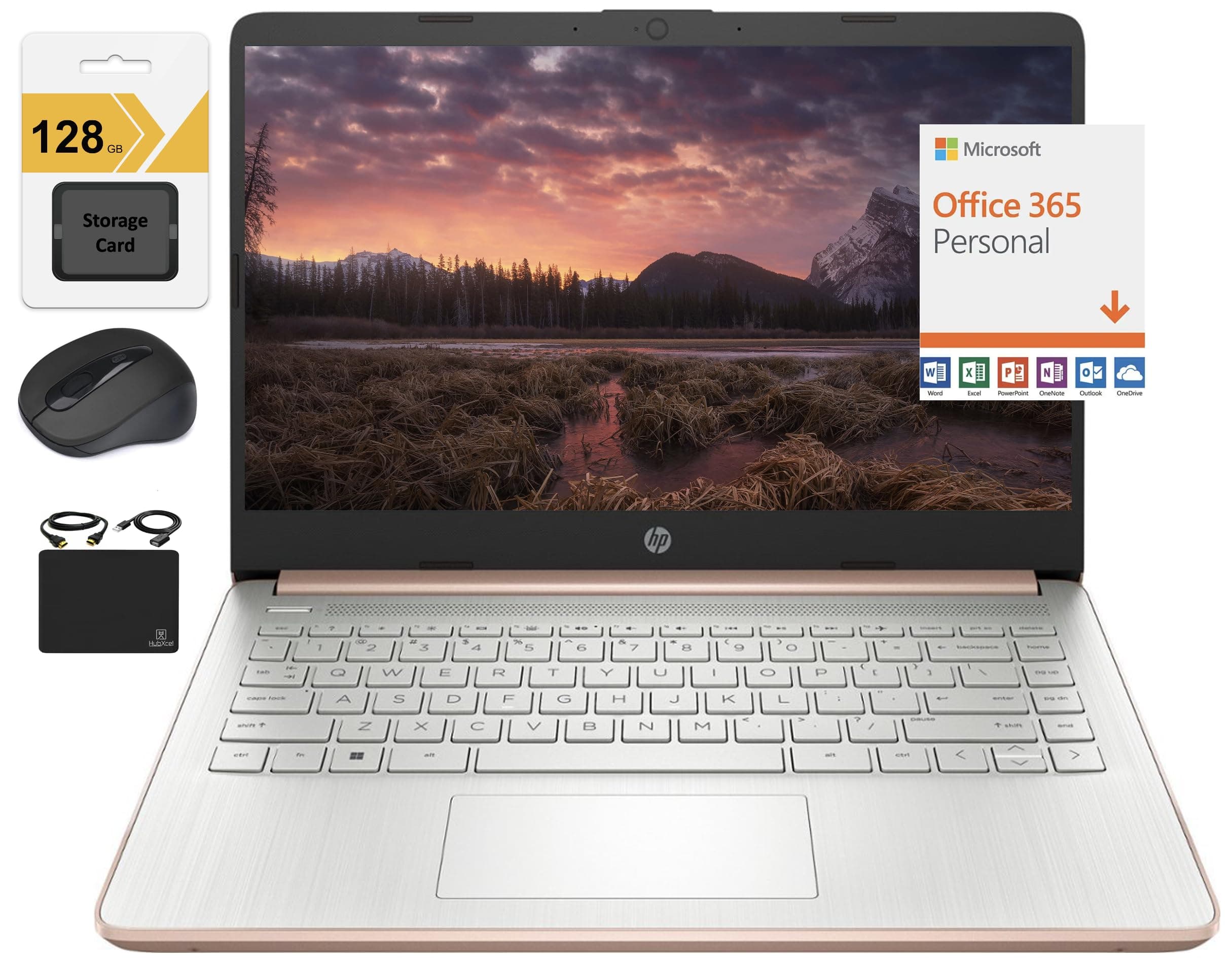 New 14" HD Ultra Light Thin Laptop, Quad-Core Intel Celeron Processor, 8GB RAM, 192GB (64GB eMMC+ 128GB Card), Wi-Fi, Upto 11 Hours, Windows 11 S + 1 Year Office 365+HubxcelAccessory, Rose Gold