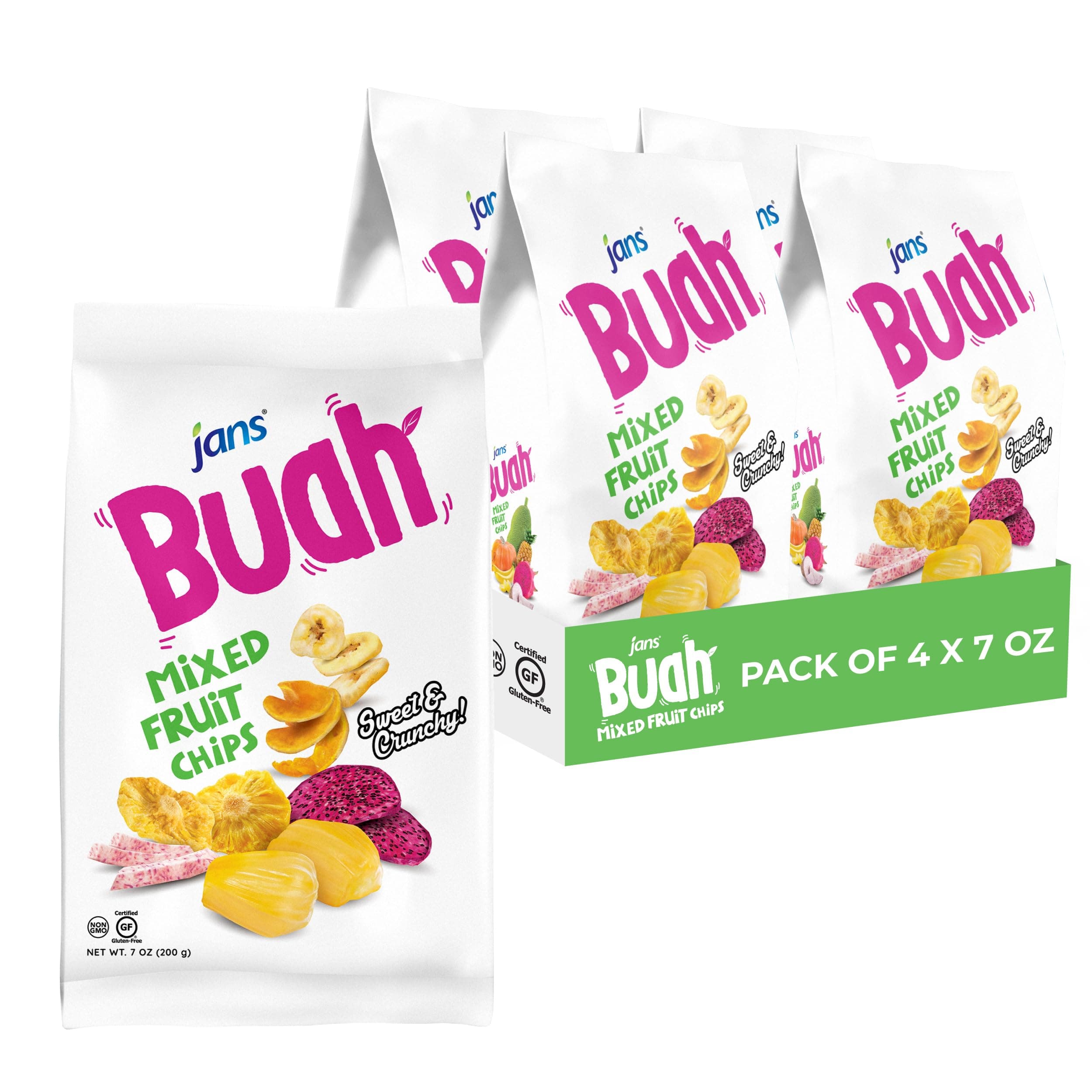 Jans Buah Dried Fruit Chips - Experience Real Dried Mixed Fruit, Gluten-Free, Sweet & Crunchy, Ready-to-Eat, Perfect for Anytime Snacking (Pack of 4, Mixed Fruit)