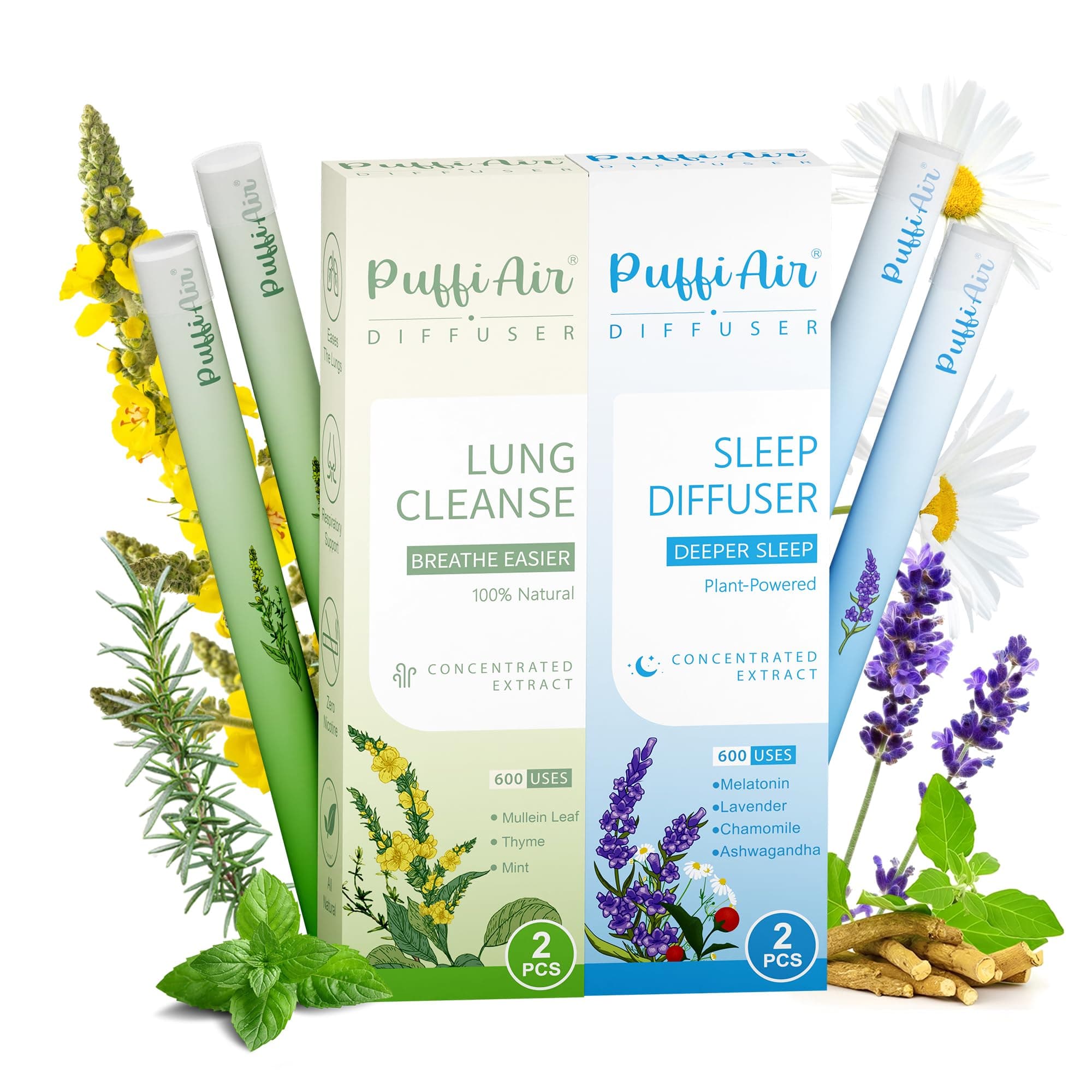 Herbal Diffuser with Mullein, Thyme and Mint for Easy Breathing, Lung Cleanse and Habit Transition, Free of Harmful Chemicals and Sugar, All Natural-600 Uses Per Stick