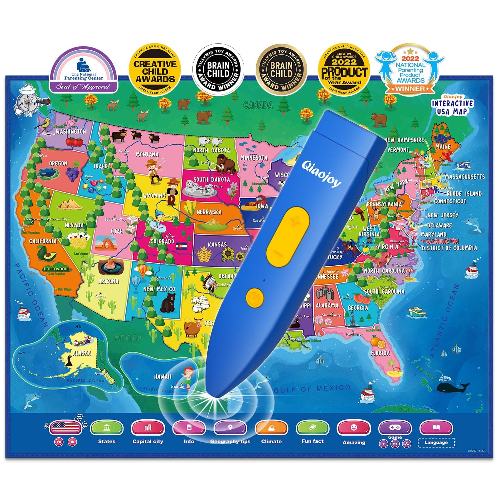 Bilingual Interactive for Kids Talking USA Map for Kids Learning, Geography Toys Games Educational Electronic Map Christmas Personalized Gift/Toys for 4 5 6 7 8 9 10 Year Old Girls/Boys