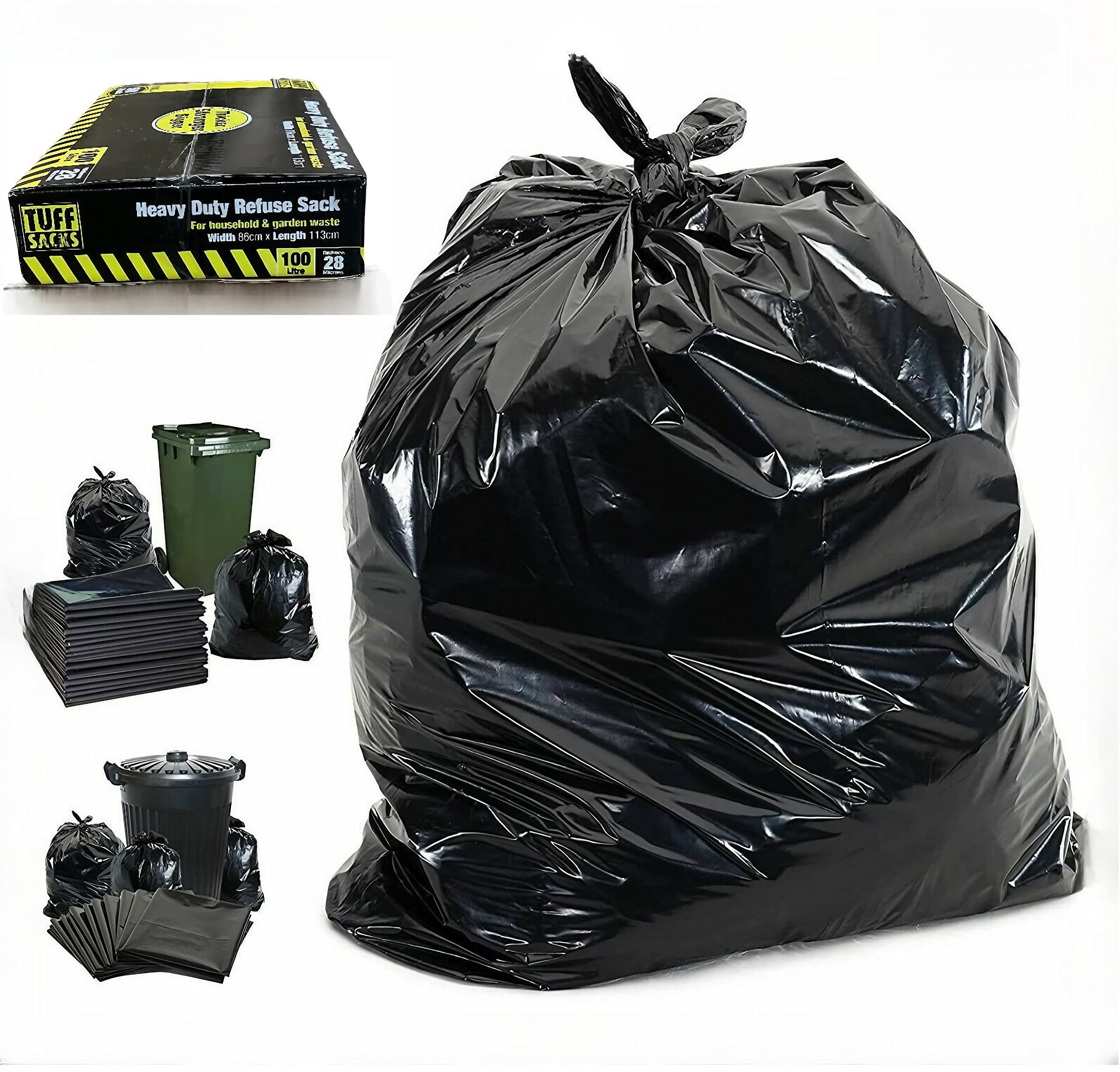 100 X STRONG BLACK HEAVY DUTY REFUSE SACKS BIN LINERS 100 LITRES BAGS RUBBISH REMOVAL COME BOXED WASTE 28 MICRONS SIZE 86 x 113cm