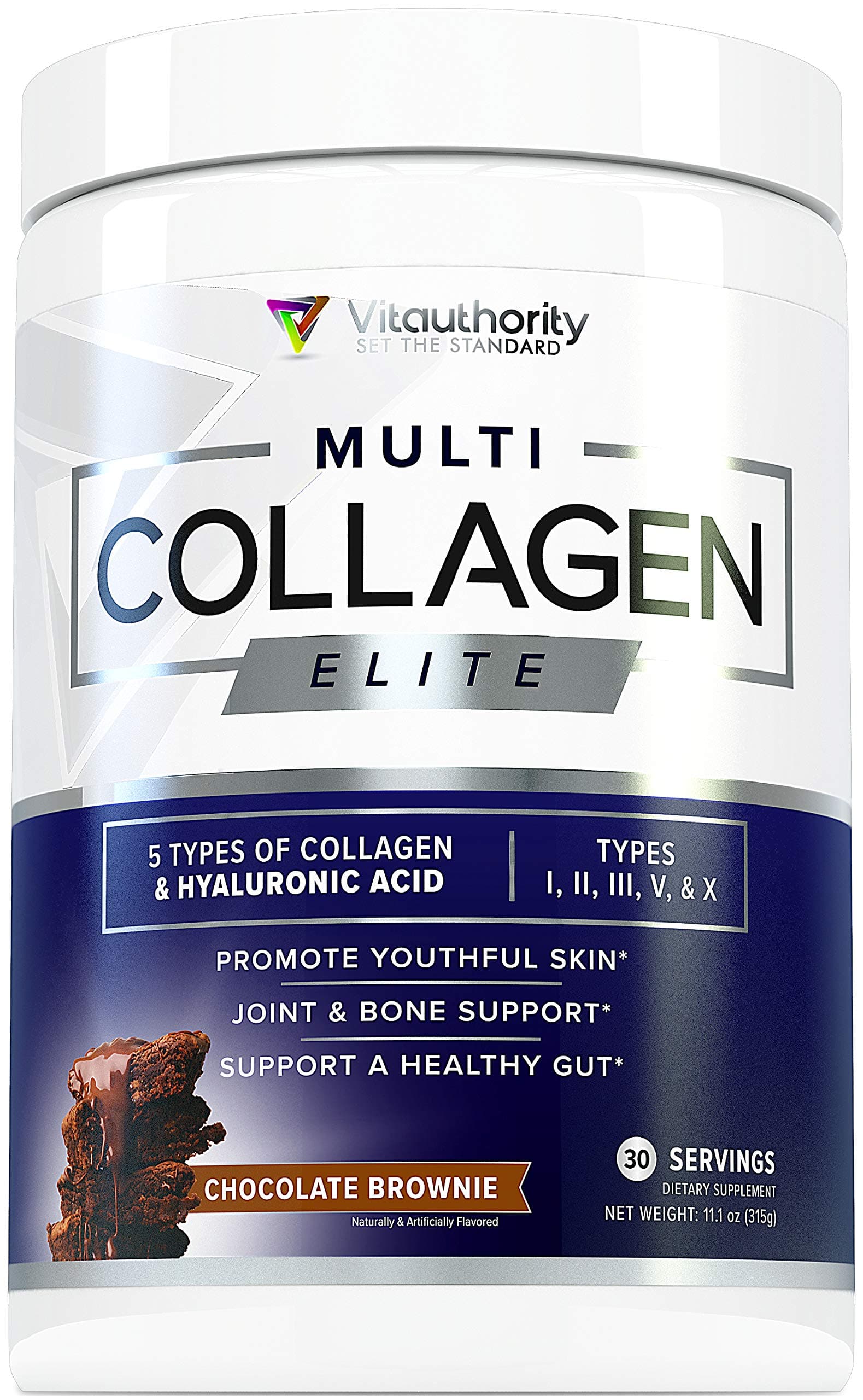 Multi Collagen Elite Chocolate Brownie Collagen Protein Powder: Multiple Source Grass-Fed Hydrolyzed Collagen Peptides with Vitamin C and Hyaluronic Acid, Types I II III V X, Anti-Aging Powder, 30srv