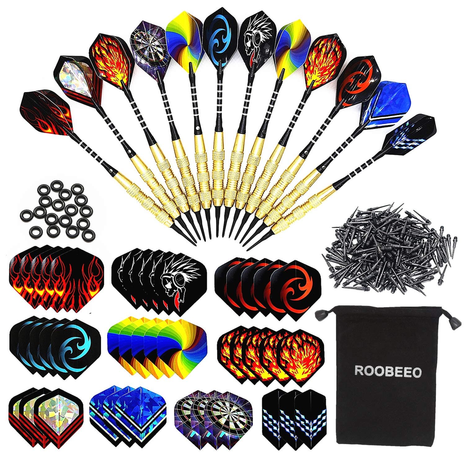 Soft Tip Darts 12 Pcs 18g Plastic Tip Darts Set with Brass Steel Barrels&Aluminum Shafts,200 Extra Dart Tips 42 Dart Flights 20 Extra Rubber Rings and 1 Storage Bag for Electronic Dart Board