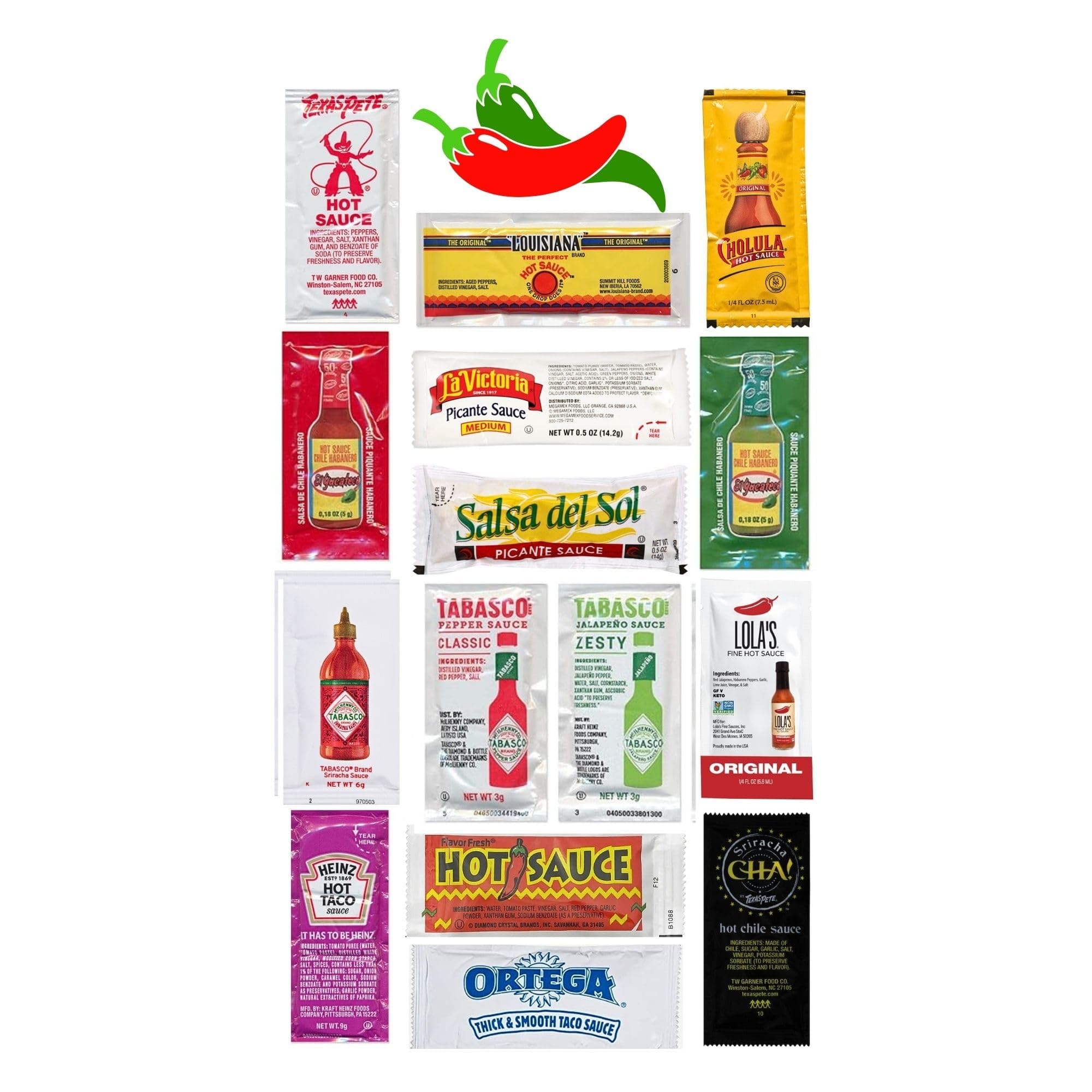 ULTIMATE Hot Sauce Packet Assortment, Single-Use Packet Variety Pack, 50 Count, Receive Up to 15 Different Sauces! Fun Great for Home, Work,Travel & Events (50 Count)