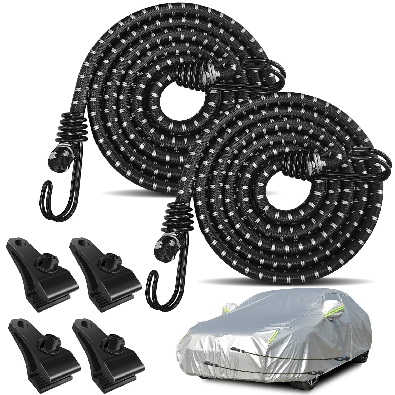 Hlogree 2PCS Car Cover Gust Straps Wind Protector,Bungee Cords Hook Clips Kit Hold Tarp Tie Down from Blowing Off in High Winds-Universal Fit for Most Cars,Sedans,SUVs,Trucks,Vans and More-Black