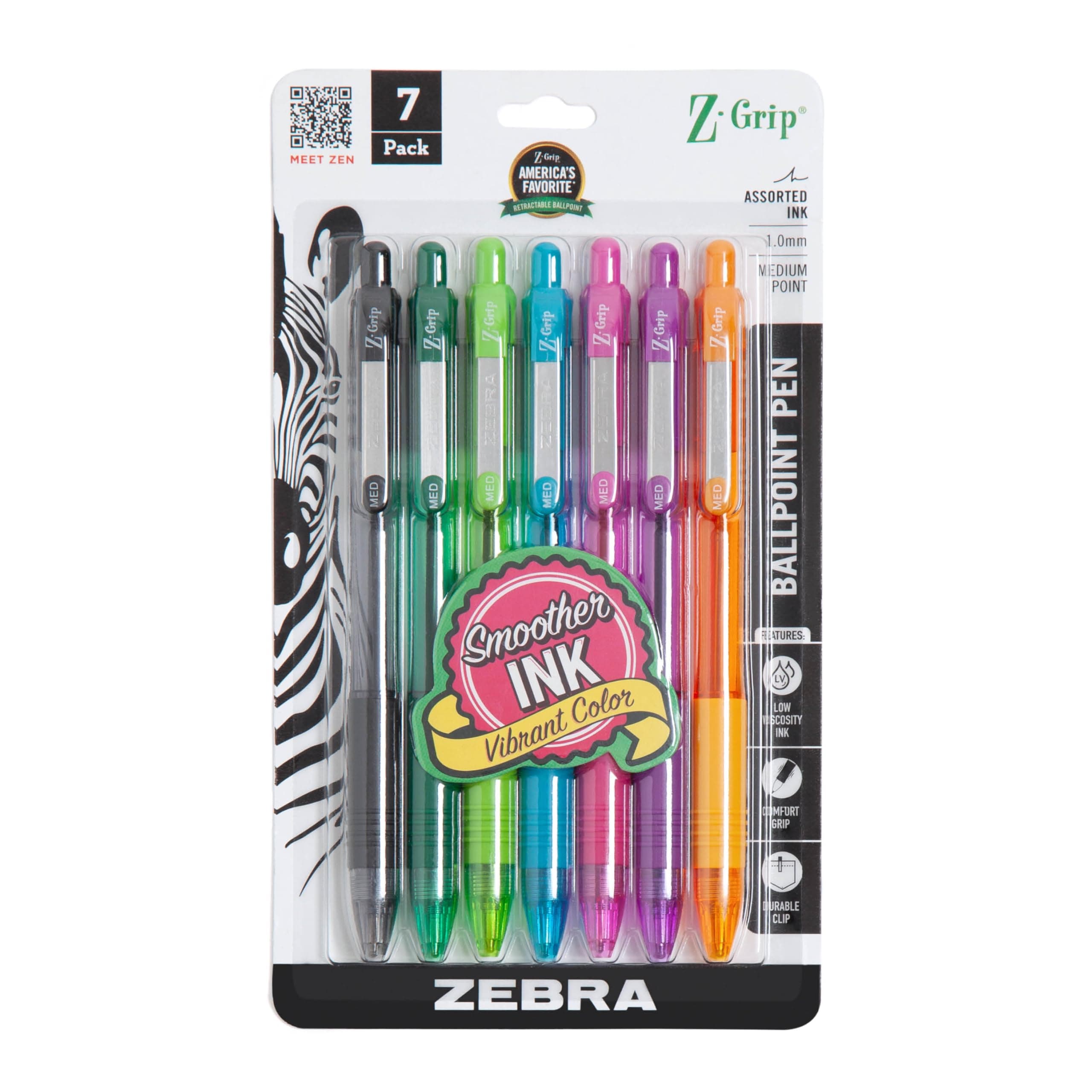 Zebra Pen Z-Grip Retractable Ballpoint Pen, Medium Point, 1.0mm, Assorted Fashion Colors - 7 Pieces