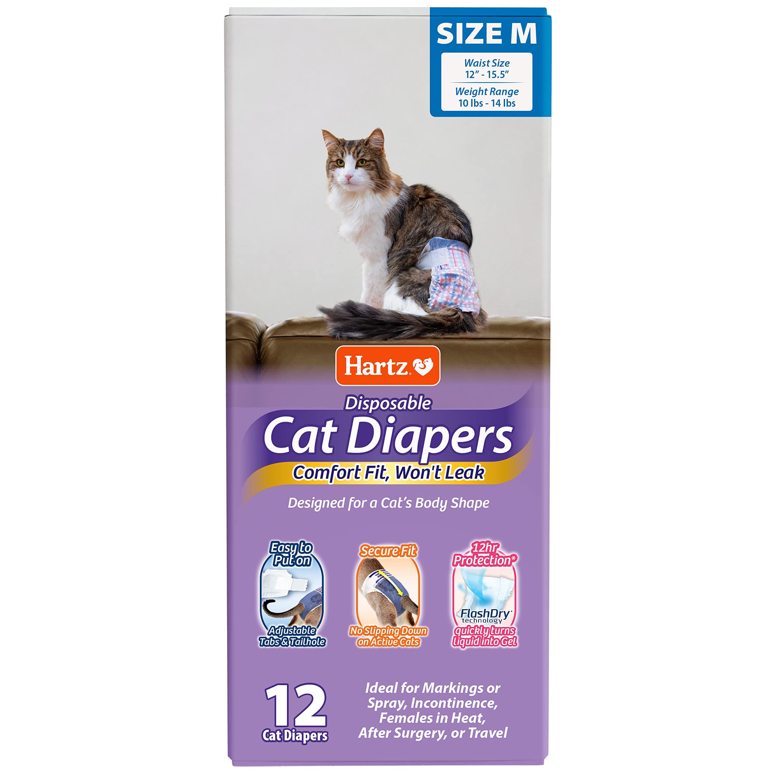 Hartz Disposable Cat Diapers, Easy to Put On, Comfortable & Secure Fit for 12 Hours Leak Protection, Multiple Sizes