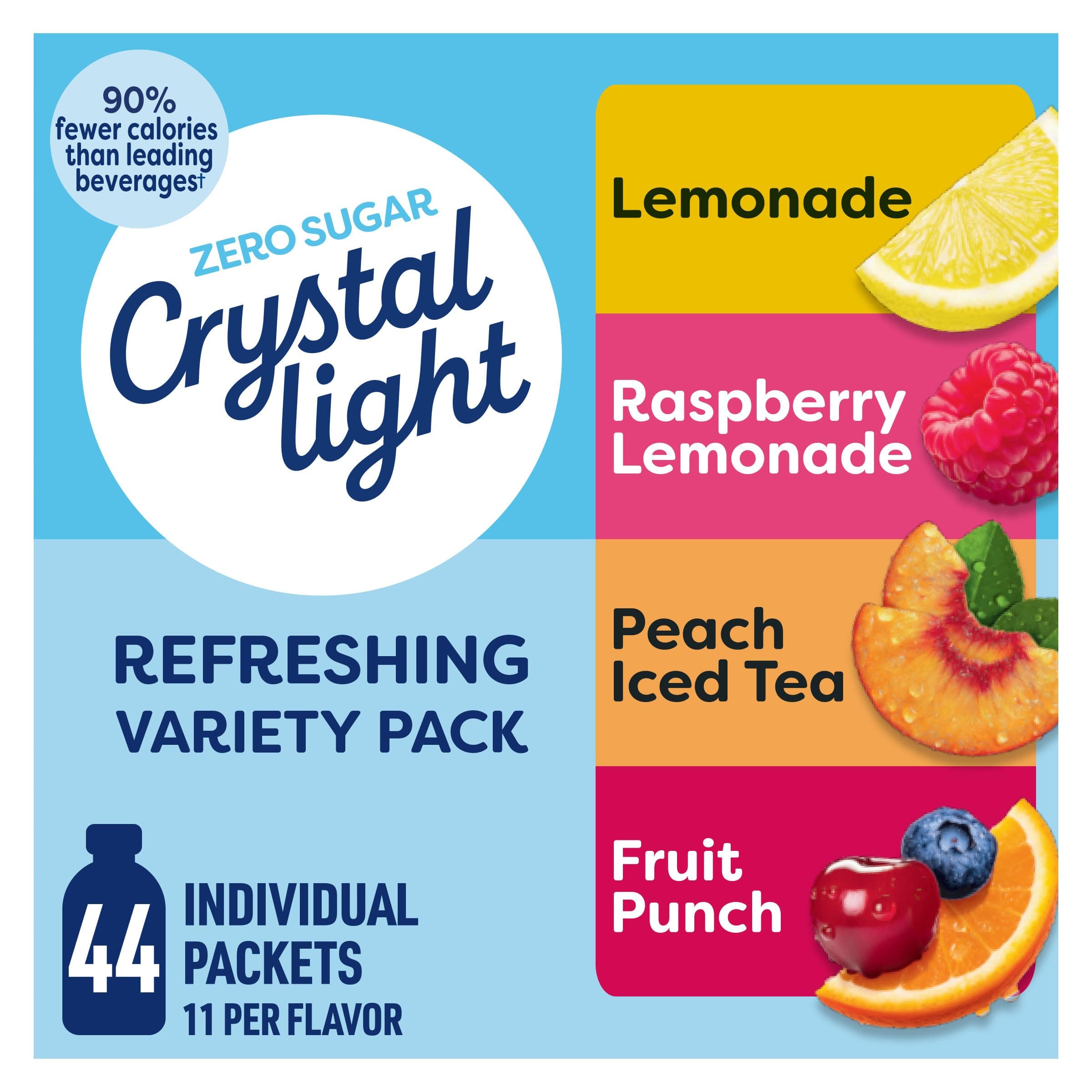 Refreshing Drink Mix Variety Pack, 44 Packets, for Convenient Hydration, Lemonade, Raspberry Lemonade, Peach Iced Tea, Fruit Punch, Natural and Artificial Flavor, Zero Sugar, 4.18 oz